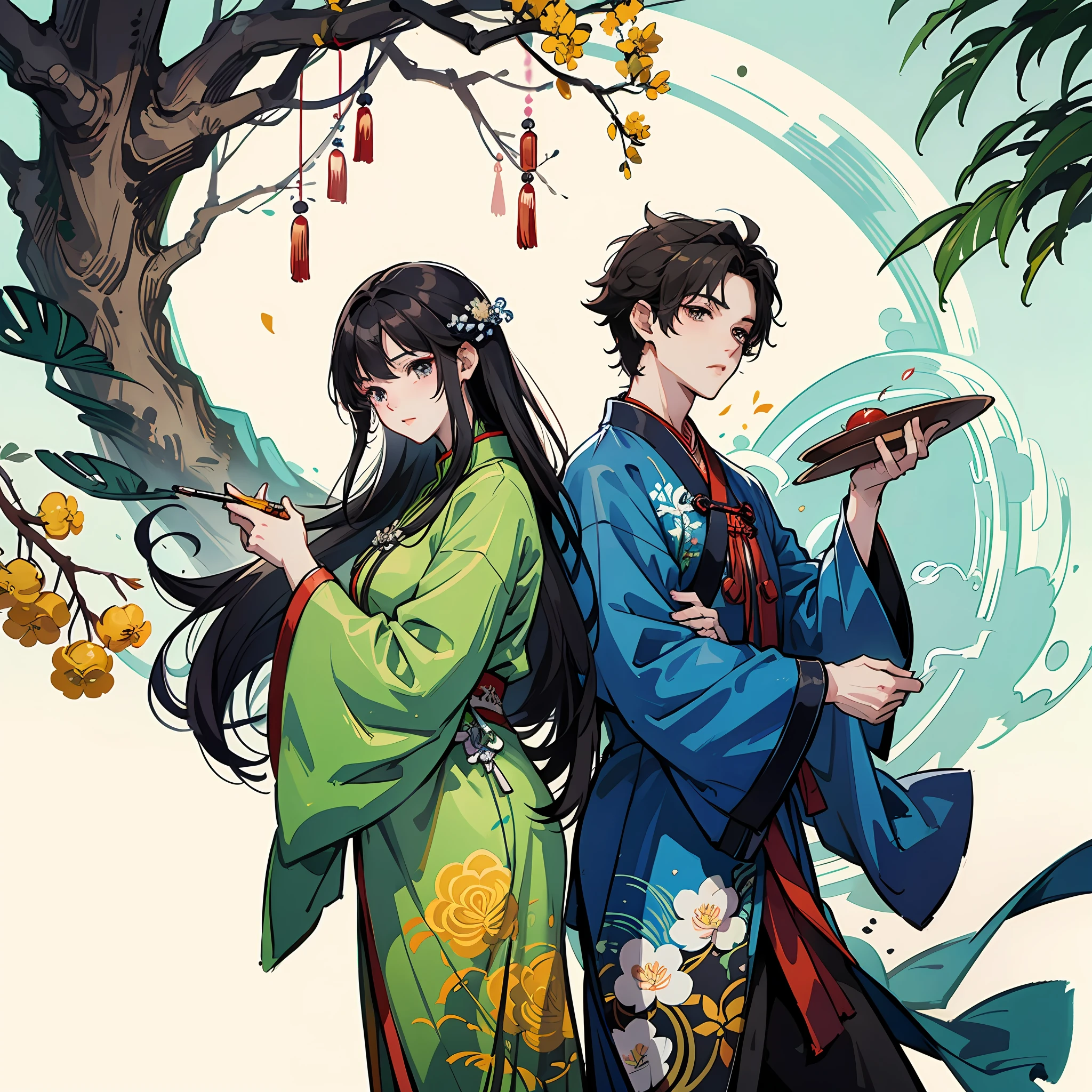 Anime couples with, Middle Metaverse, inspired by Zhang Wo, Inspired by Seki Dosheng, Inspired by Song Maojin, inspired by Huang Gongwang, Chiba Yuda, An anime cover ,sweet osmanthus,Hanfu,on cheongsam,Shawl ,((zentangle))