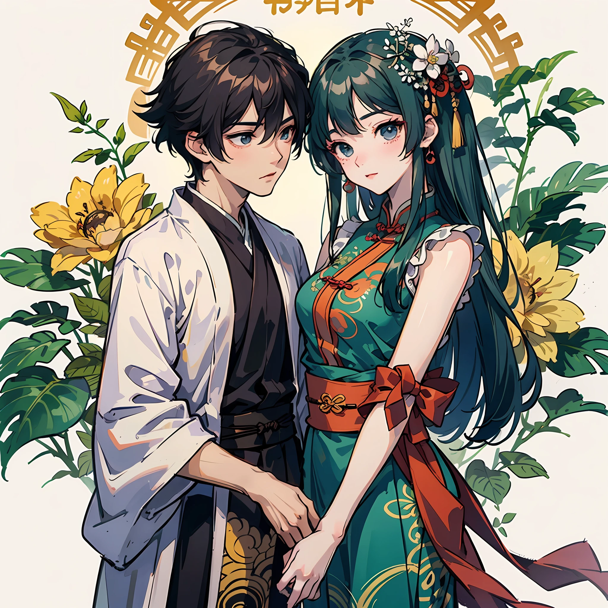 Anime couples with, Middle Metaverse, inspired by Zhang Wo, Inspired by Seki Dosheng, Inspired by Song Maojin, inspired by Huang Gongwang, Chiba Yuda, An anime cover ,sweet osmanthus,Hanfu,on cheongsam,Shawl ,((zentangle))