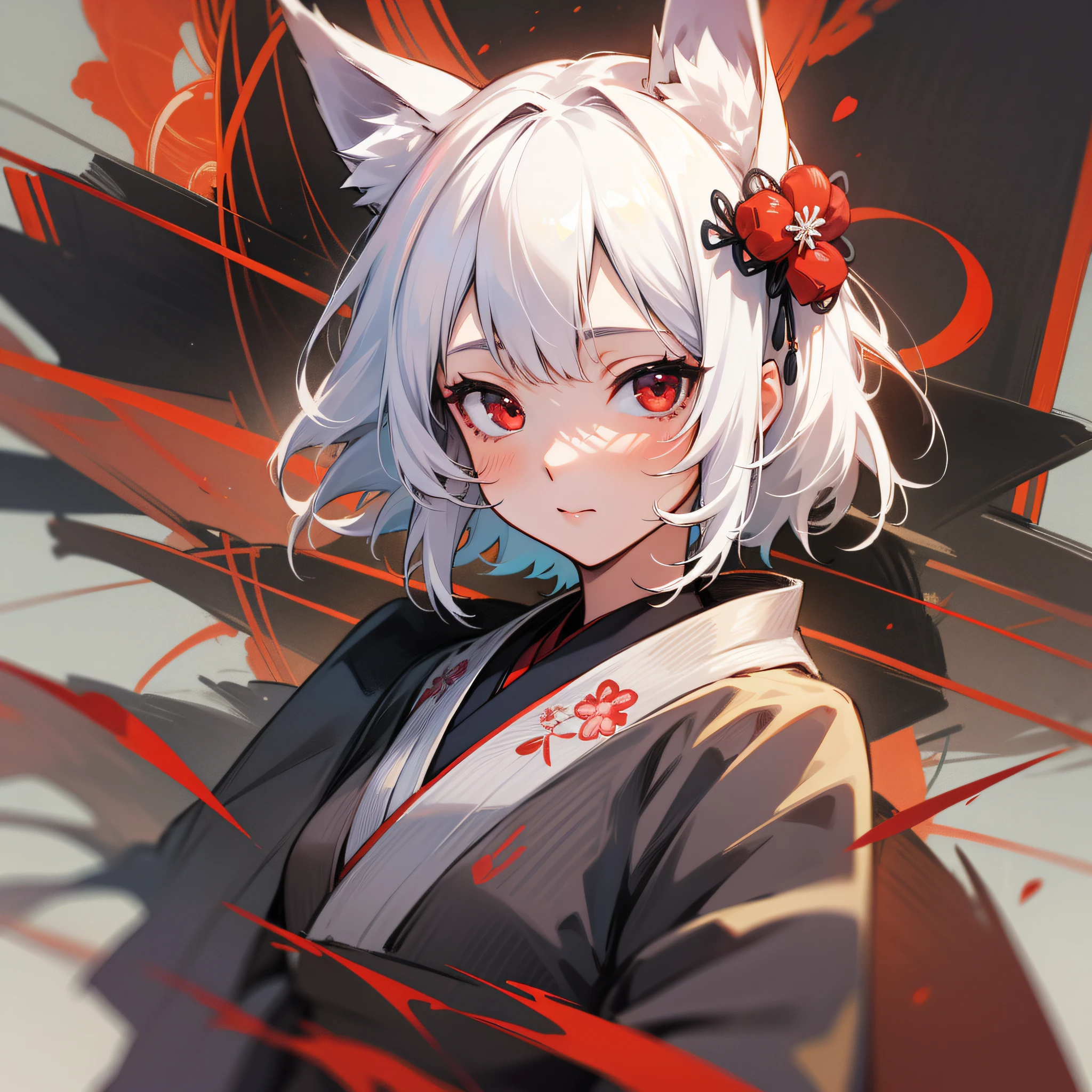 1girl,yukata,white hair,red eyes,wolf ears , illustrator, masterpiece, high quality, 8k, high resolution, high detailed, Japanese,