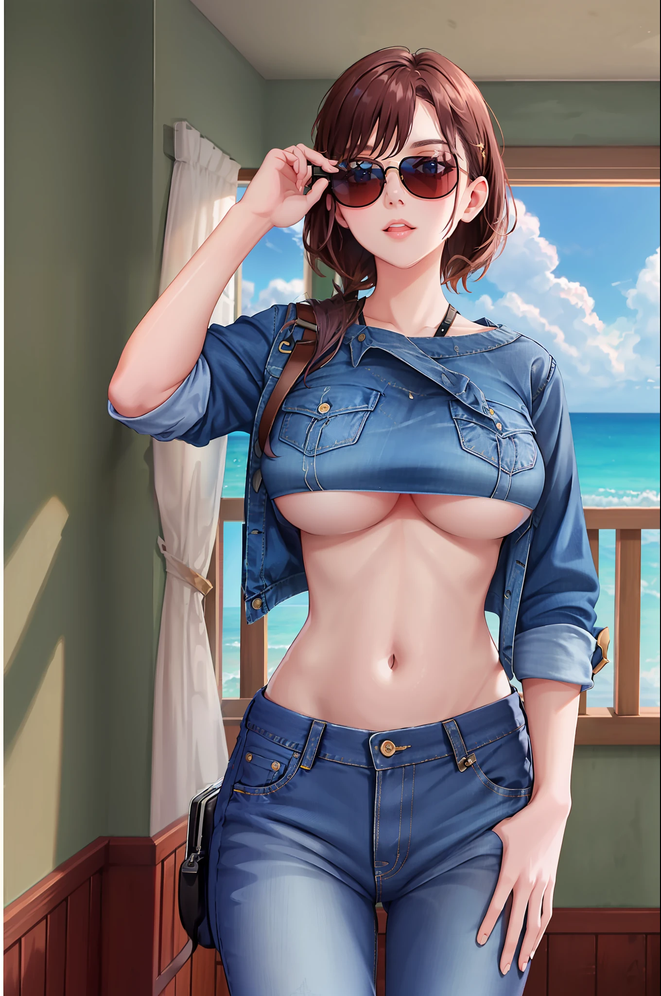 (masterpiece, best quality), 8k UHD photo, (woman with underboob, sunglasses) standing in front of a stunning landscape, wearing (jeans, dslr) camera hanging from shoulder. Enhance the image with (film grain) for a vintage aesthetic.