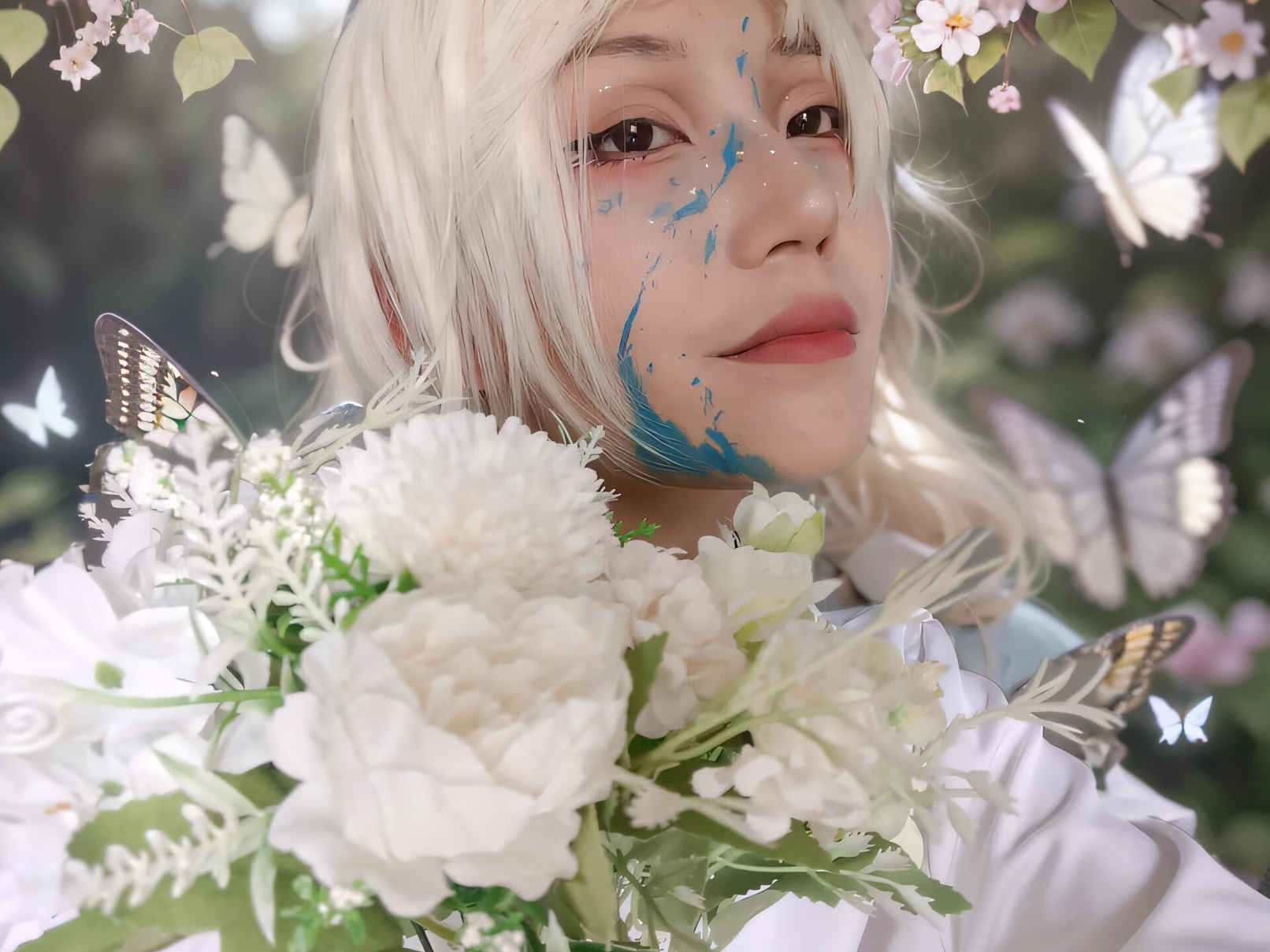 （Super detailed CG unity 8K wallpaper、Artwork level，Highest image quality、Ultra-high definition），Best lights and shadows，A unique aesthetic、Floating，Hazy and confused、Ethereal songs，Colorful garden、Soft fluttering butterflies。