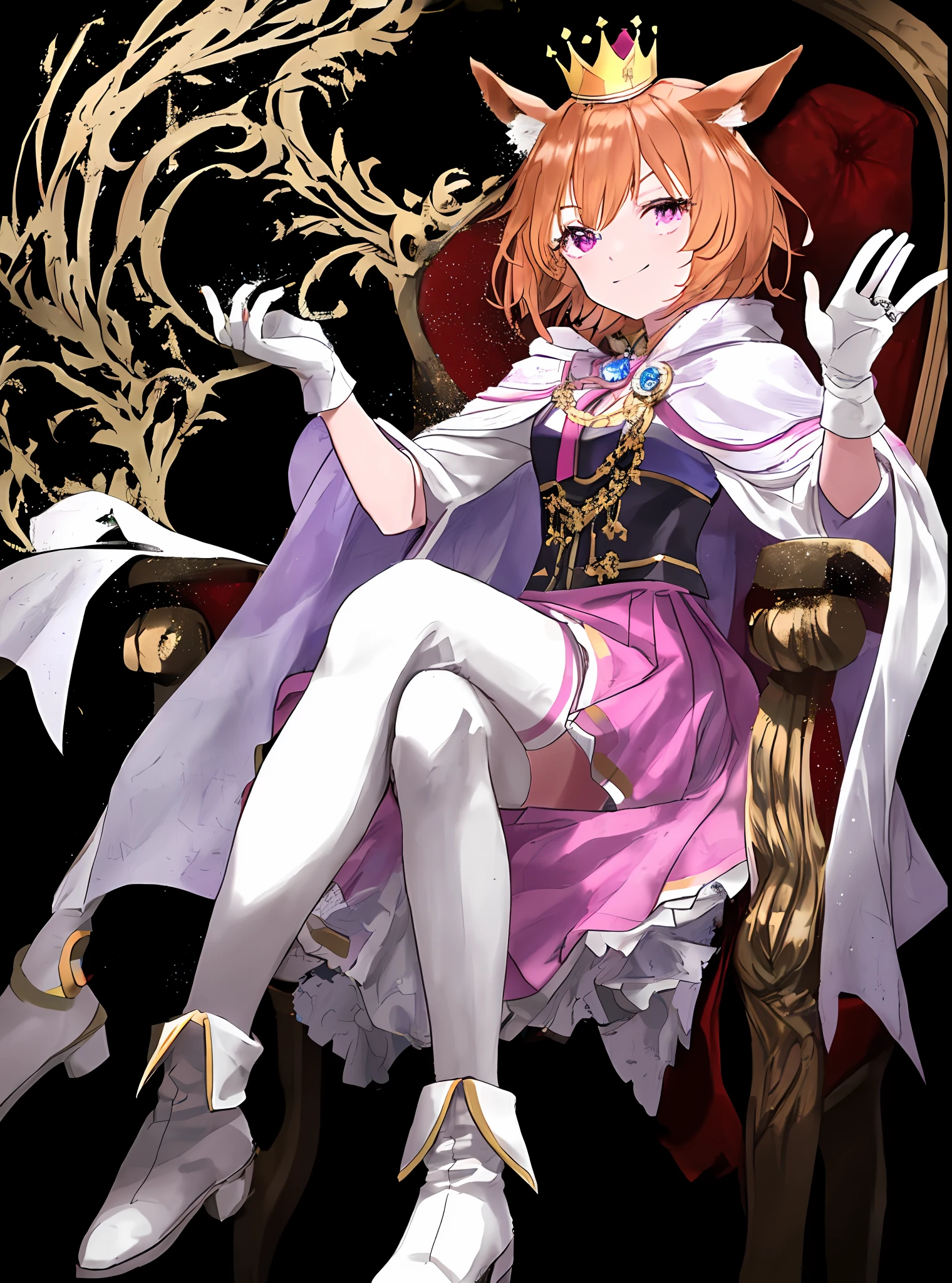 Orange hair, short detailed hair, Animal ear, Horse Ear, Purple eye, Wear white gloves on the right hand, The Prince of Opera dressed up, white stockings, Crown on head, teens girl, neuter, Wear a ring on your left hand, Wearing a pink cape, Sit in the king chair, There is a horse's tail, deep dark background, ssmile, quadratic element, Simple, hair strand, crown, wince, purple eyes, animal ears, horse ears, smile, solo person, shiny hair, jitome, hair two side up, crossed bangs, Wear a short skirt and boots, Sit in the king's chair, Gorgeous costumes, Short pink skirt, White top, anime, opulent, high quality, ccurate