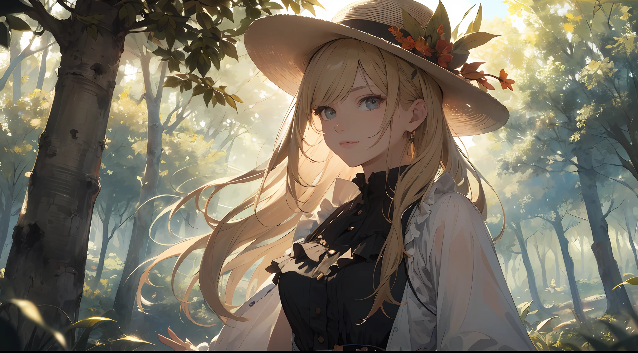 ((masterpiece best quality:1.4)), ((masterpiece, best quality)), (8k quality), (detailed background:1.3), (detailed face:1.3), (a girl, solo),Ruffled blouse,long check skirt,hat, vintage, long blonde hair,sunlight through the trees,little smile,