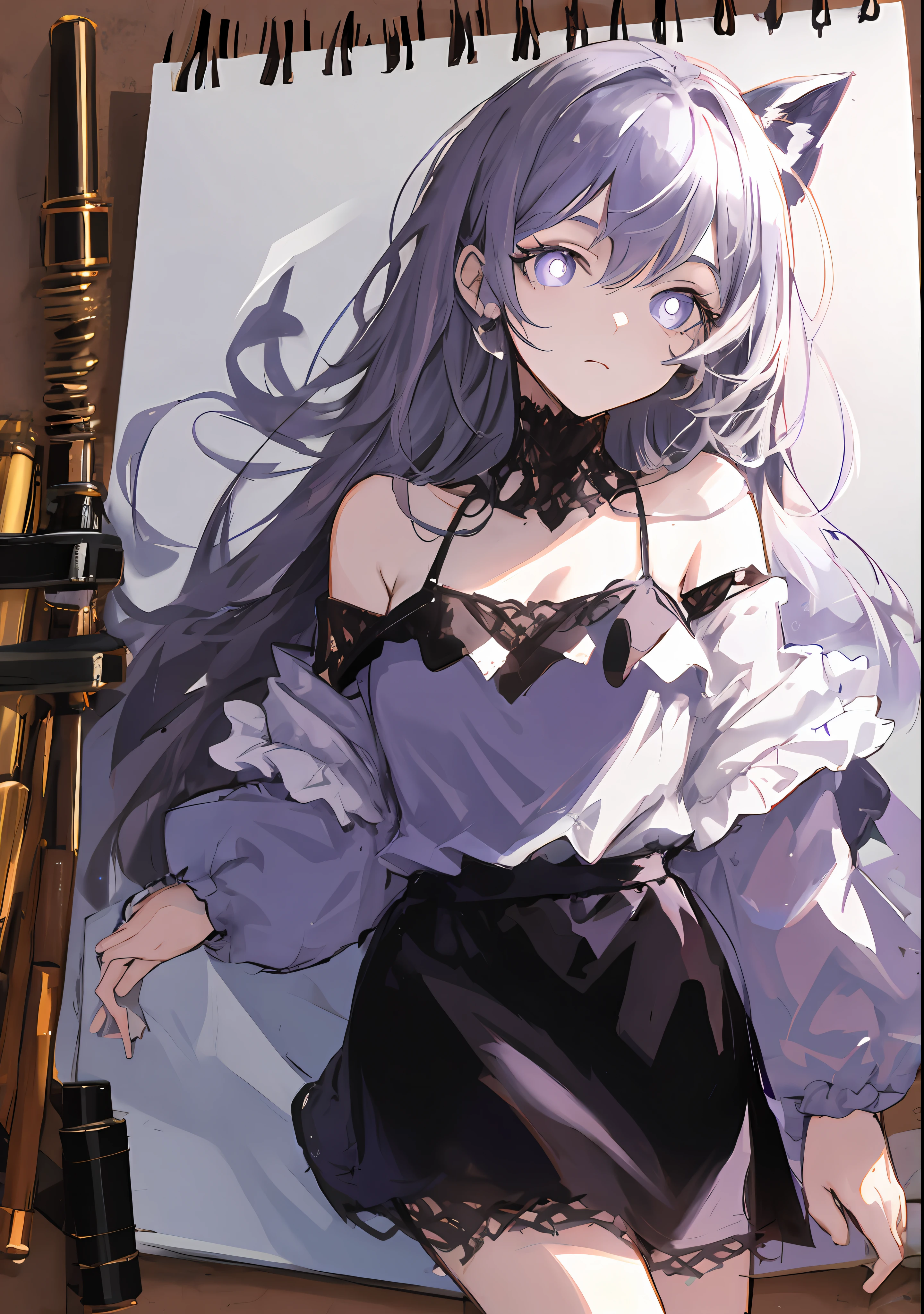Sketch style，Simple style，a sketch，A two-dimensional girl in a sketchbook，A teenage girl，orthofacial，The upper part of the body，silber hair，Purple pupils，Off-the-shoulder slip dress，tmasterpiece，high qulity