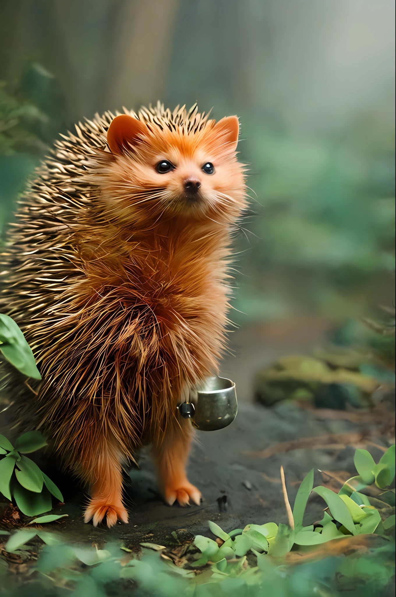 Classic negative portrait photo,Fantasy video game character concept art,An orange hedgehog cat,Carrying a brown jug,Watch the map and hike through the forest,dungeons and dragons,fantasy,rios,haze,Halo,blooms,Dramatic atmosphere,Dark fantasy films of the 1970s,at centre,the rule of thirds