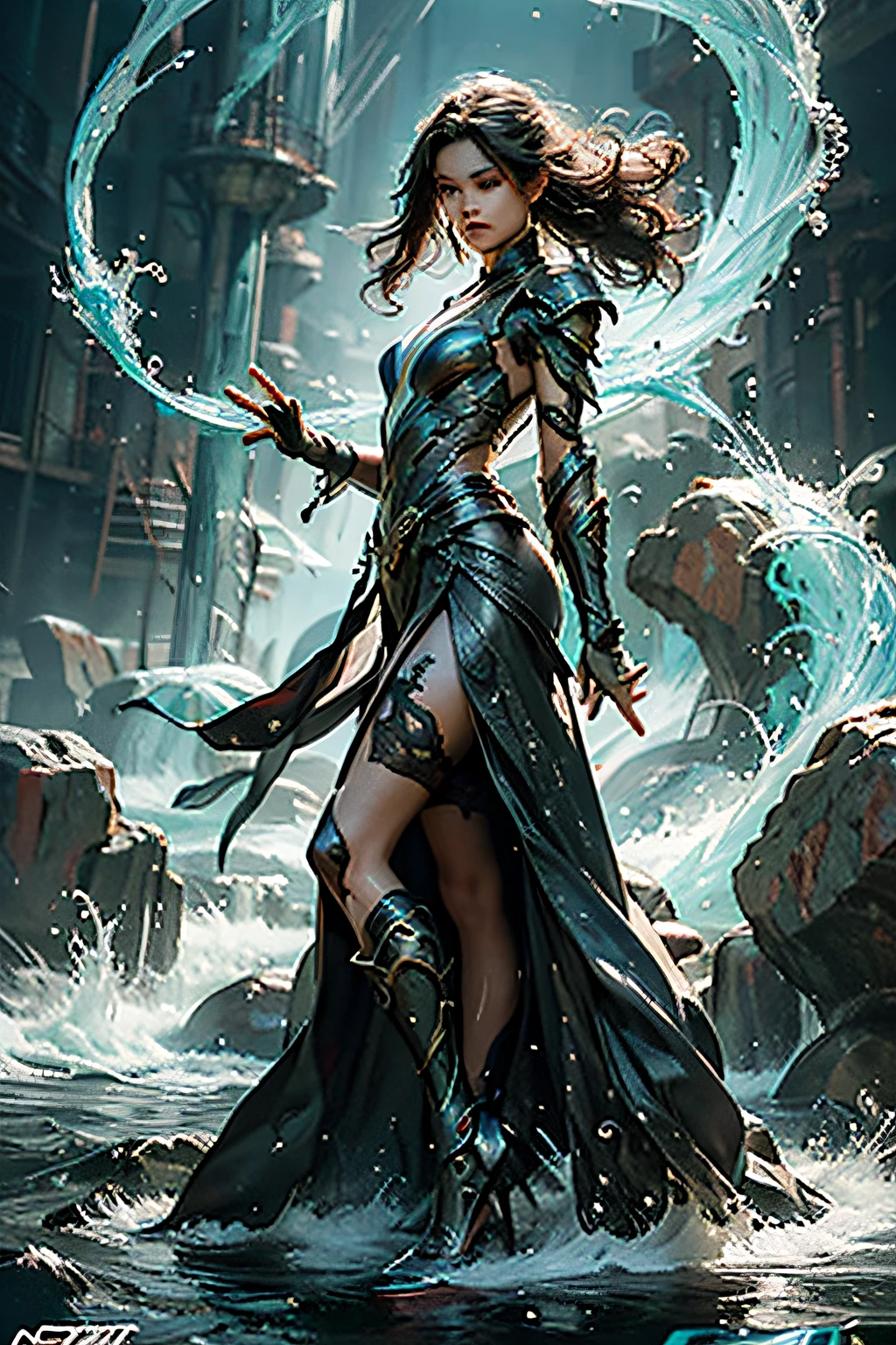 {{master piece}}, pinnacle rendering, realistic rendering, dark red rendering, metal rendering, {{color ink painting}}}, {{splash ink}}}, {{color}}, {{color}}, gorgeous rendering, best quality, illustration, flame, smoke, doomsday world, splash ink fire sea doomsday, full body, 1 girl, exquisite facial details, delicate facial features, real face, beautiful details eyes, deep pupils, broken city details, beautiful details long hair, wavy hair, broken details, transparent mechanical core, cyborg girl, details, cool, tight grooming, lace finishing, linear light costume modification, light rendering, reflection, highlight, holy light, confidence, charm, battle stance detail close-up, fire day, {filigree}, colored background, a dragon stands behind the girl, sea of fire, {tornado special effects}, beautiful details silver dragon armor, (cold face, confident) great depth, depth of field, 360° panoramic picture, fierce and magnificent battle scenes, broken mirrors, fingers all hidden and not displayed, small mouth closed