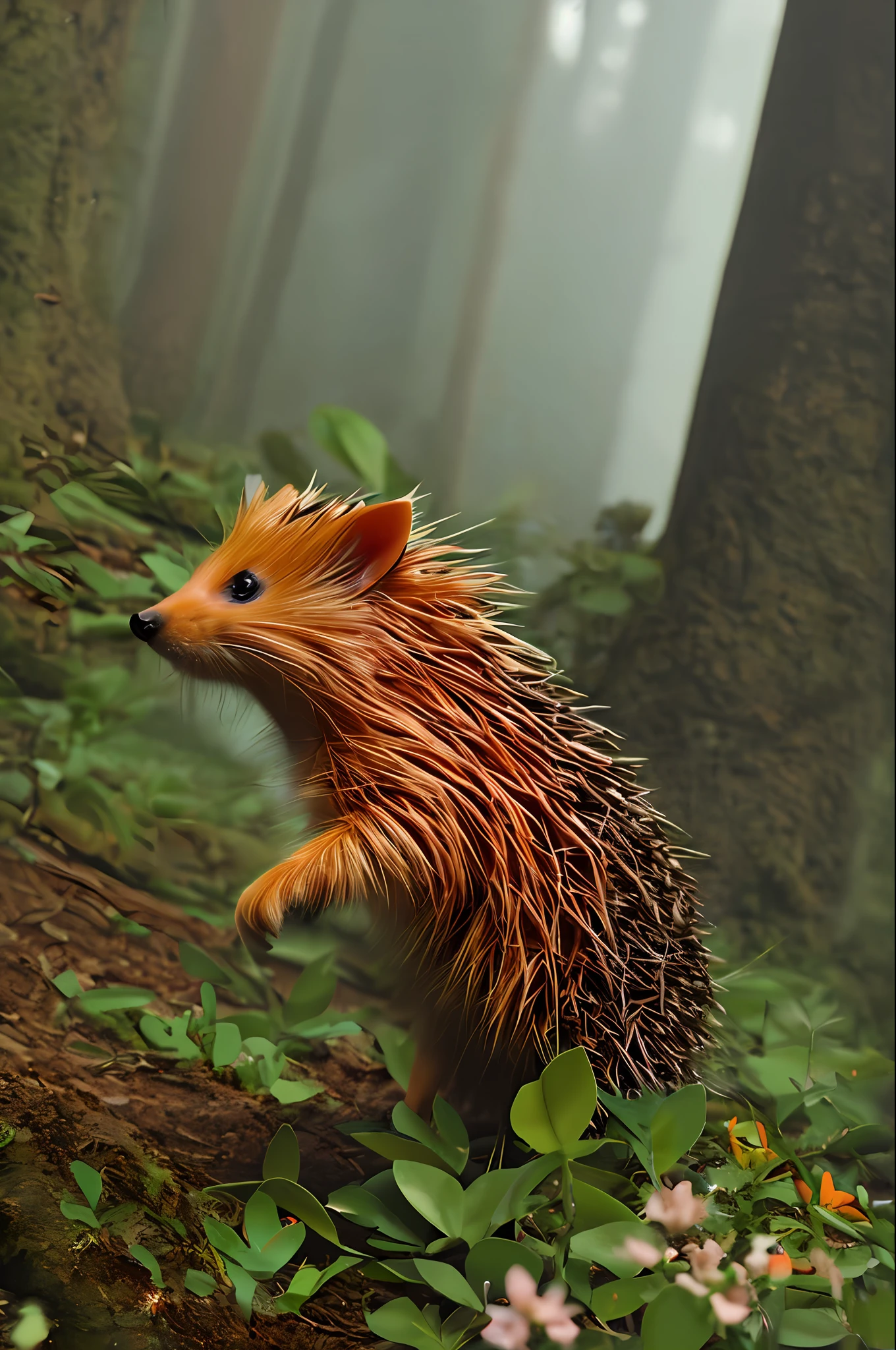 Classic negative portrait photo，Fantasy video game character concept art，An orange hedgehog cat，Carrying a brown jug，Watch the map and hike through the forest，dungeons and dragons，fantasy，rios，haze，Halo，blooms，Dramatic atmosphere，Dark fantasy films of the 1970s，at centre，the rule of thirds