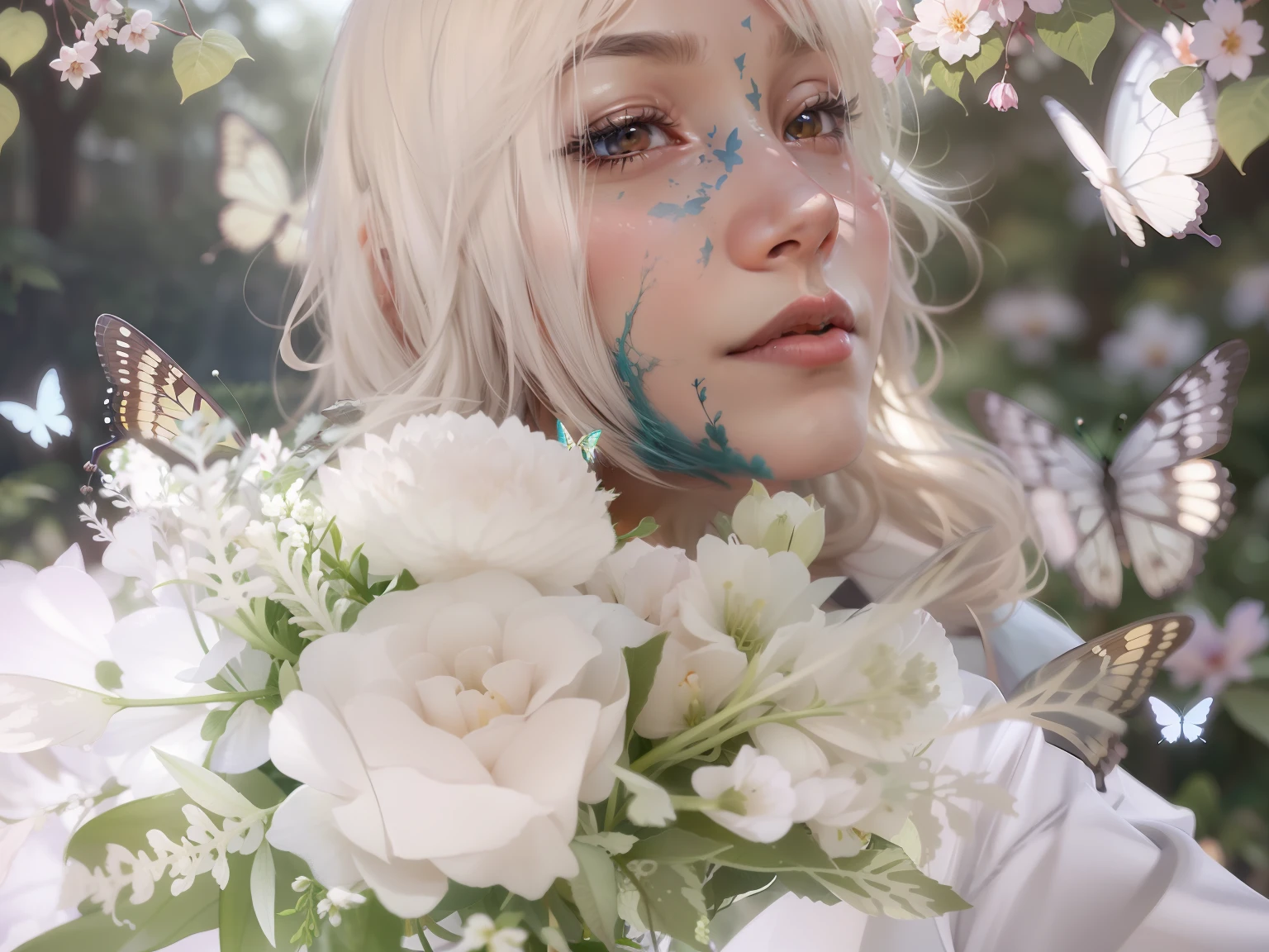 (Super detailed CG unity 8K wallpaper、Artwork level,Highest image quality、Ultra-high definition),Best lights and shadows,A unique aesthetic、Floating,Hazy and confused、Ethereal songs,Colorful garden、Soft fluttering butterflies。