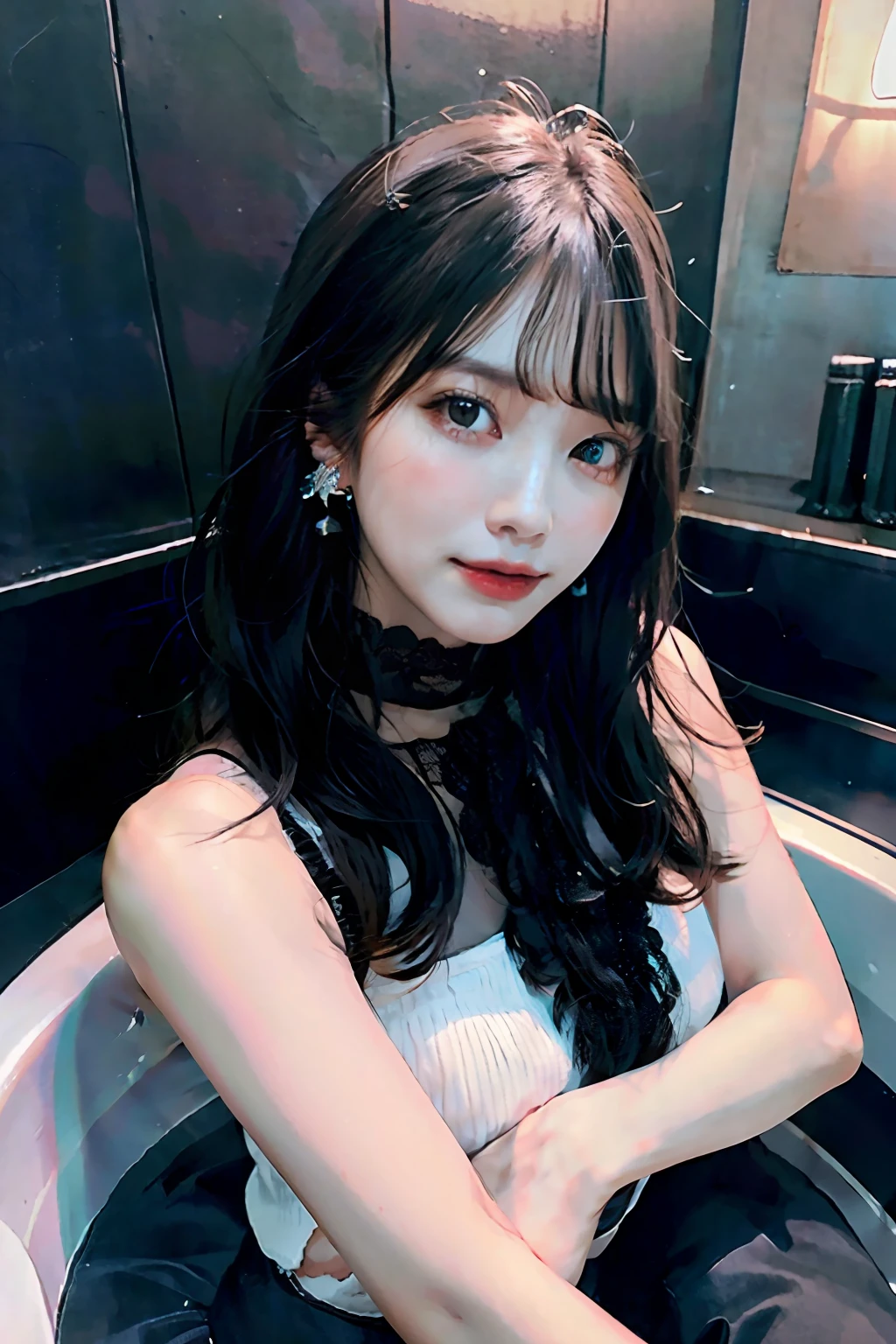 masterpiece, best quality, 1girl,long_hair,light smile, blunt bangs,looking at viewer,selfies,cowboy shot,(shot_hair:2),
(realistic:1.5), cinemagraph,