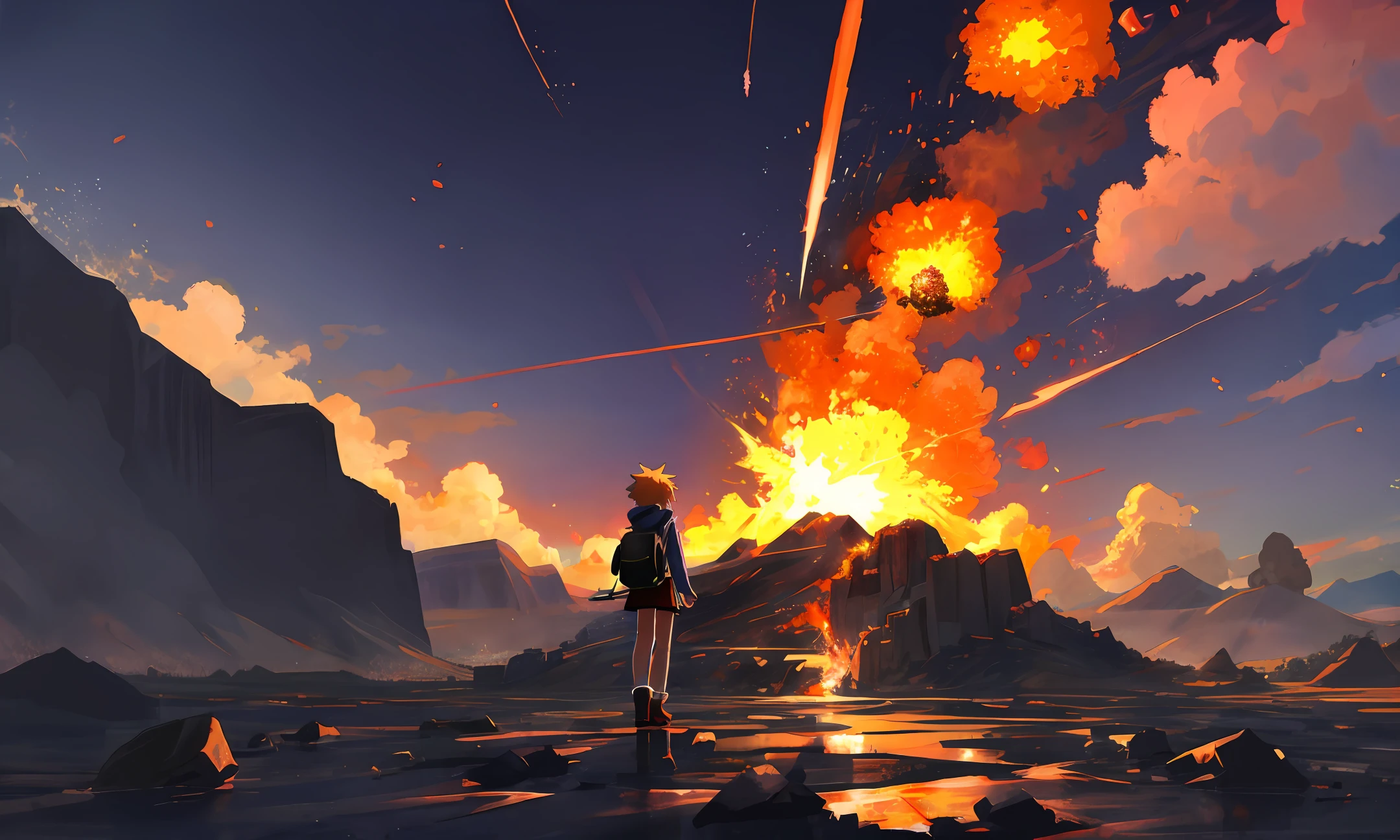 (best-quality:0.8),
(best-quality:0.8), perfect anime illustration, beautiful landscape flaming meteor destruction, shattered