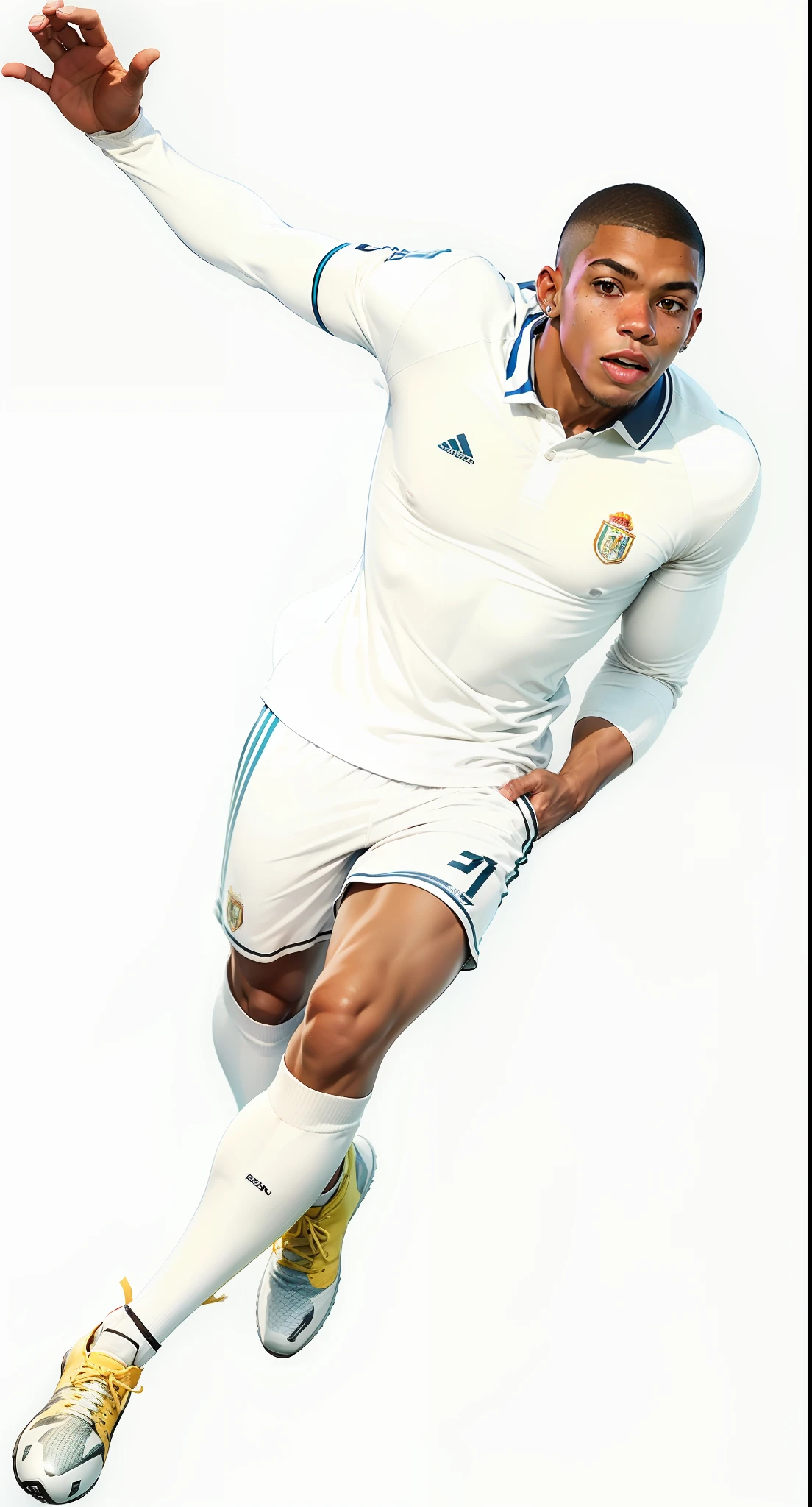 Change the clothes of the person in the picture to a white football polo shirt，With Real Madrid elements，The character is French football star Kylian Mbappé，Bronzed skin