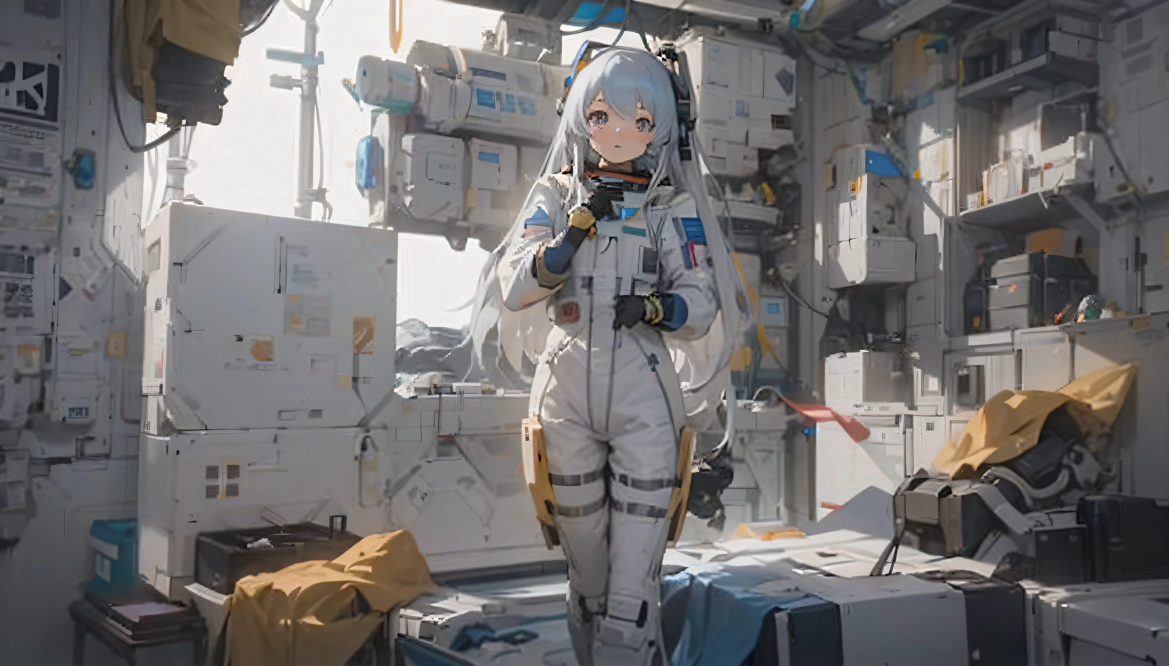 A woman in a spacesuit stood in the room, portrait anime space cadet girl, anime mecha aesthetic, Guviz-style artwork, mecha asthetic, Guviz, fully space suited, portrait of an ai astronaut, Spacesuit, wearing spacesuit, ethereal and mecha theme, girl in space
