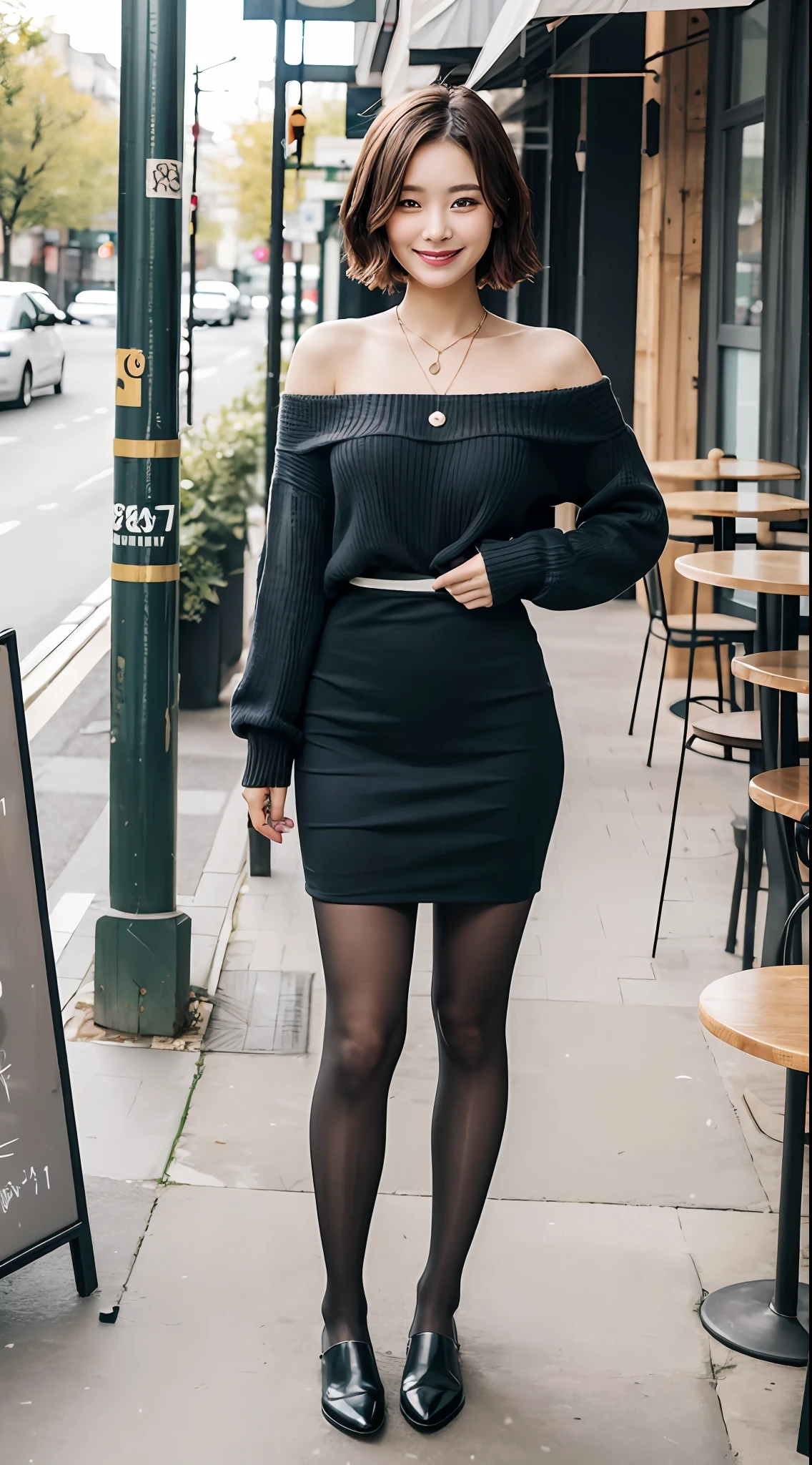 8K UHD、Digital SLR、film grains、Fujifilm XT4、(top-quality:1.3)、(​masterpiece:1.1)、hight resolution、Cinematic Light、intricate detailes、(Photorealsitic)、Outside、Beautiful outside、Sunny、
japanaese girl、(cafes:1.5)、Dimples、Short Bob Hair、Look at viewers、detailed trees、huge tit、bare shoulders​、Ribbed sweater、
pencil skirts、high waist skirt、head rest、sitting on、in a house、
 a necklace、Black pantyhose、sheet transportation sweater、(A smile)、(full body Esbian:1.6)、A slender、