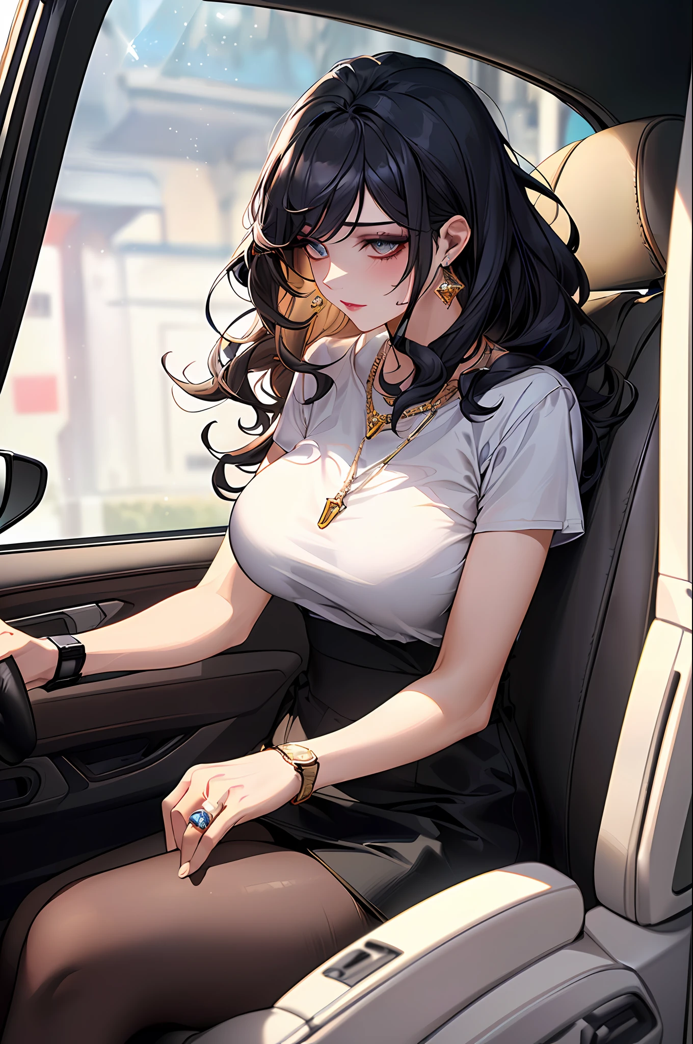 cabelos preto e longos,black color hair,(best qualtiy,8K,tmasterpiece),(Sitting in the car,guido,guido,Capture,Sitting in Car),(A pretty maiden,having fun,cabelos preto e longos,Long messy hair,curlies,Huge eyes:1.3,Long eyelashes,Delicate makeup:1.4,Sexy lips,Blushlush),(Exquisite watches,Reflective necklace,Bulgari's earrings,Bulgari's ring),(Sitting in the car,guido,guido,Capture,Sitting in Car),(Fashionable outfits,dressed in a white t-shirt),(middle breasts,endure),(Black oily transparent pantyhose),(Black hip skirt),Light ripe,Royal Sister,Best light,Best shadow,电影灯光,28 years old,1girll,Need,(realskin,Supple skin)Ray traching,Unreal Engine 5,Reflective skin,Digital illustration,Game CG characters,super model,(kpop,heartthrob),(Body edge lighting,Colored light sources are around),There is wind blowing hair,Looking into the distance,
