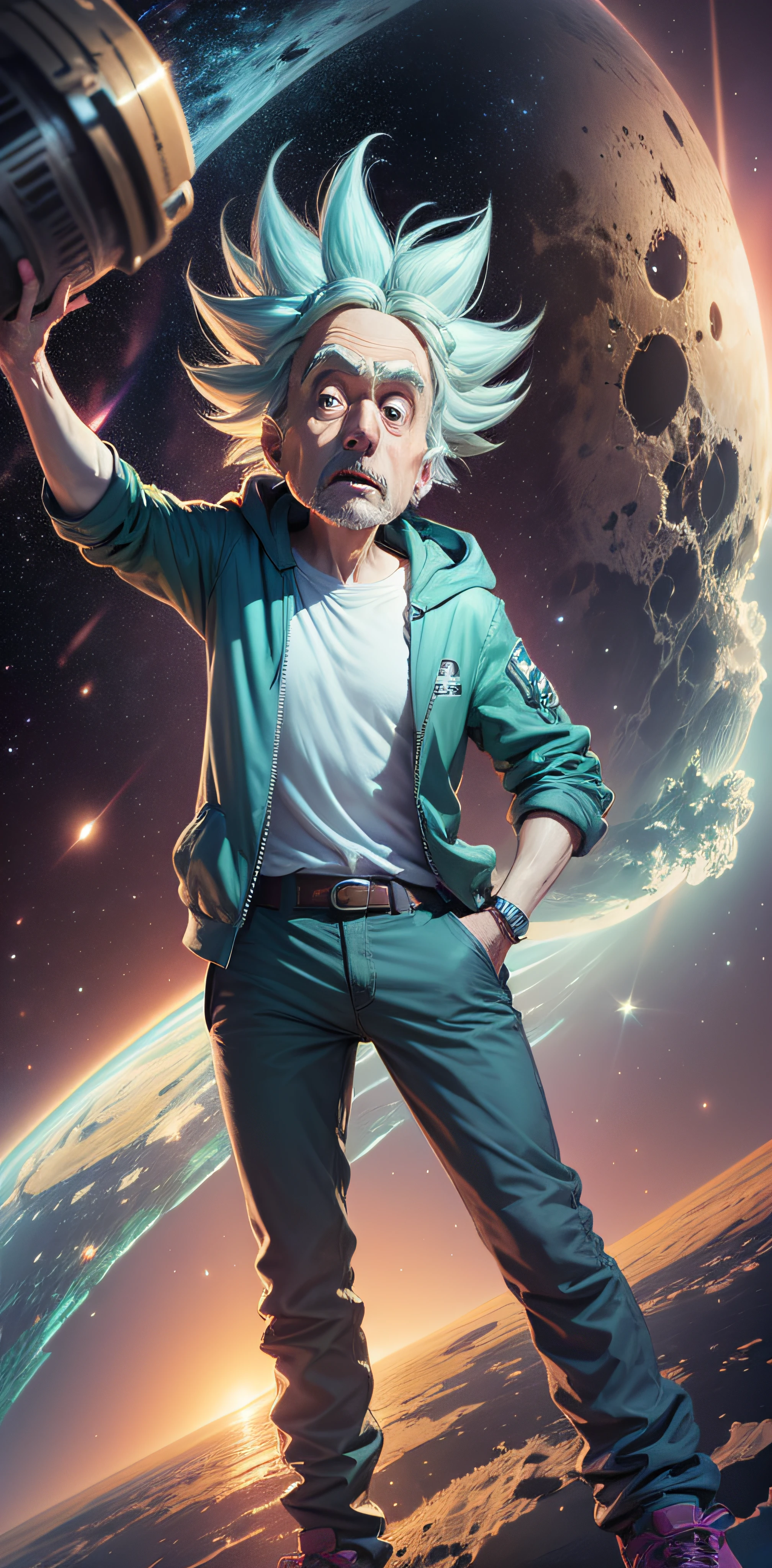((Rick Sanchez)), Rick e Morty, Hiper realista, cinemactic, on space , pensativo , reflexivo , Ultra realista , 4k , na lua olhando para o planeta terra , rick esta de longe na imagem ,