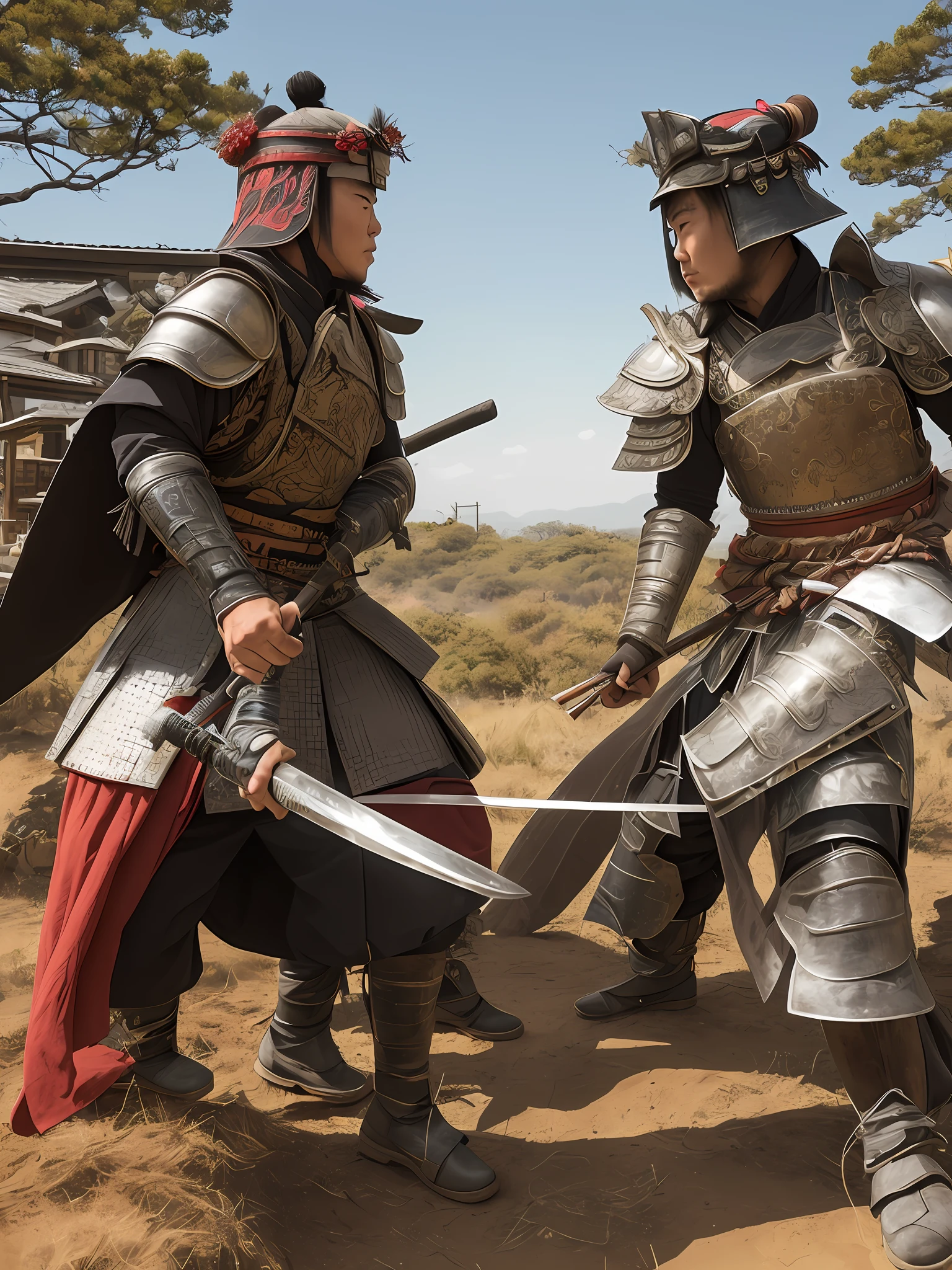 Two samurai in armor are dueling