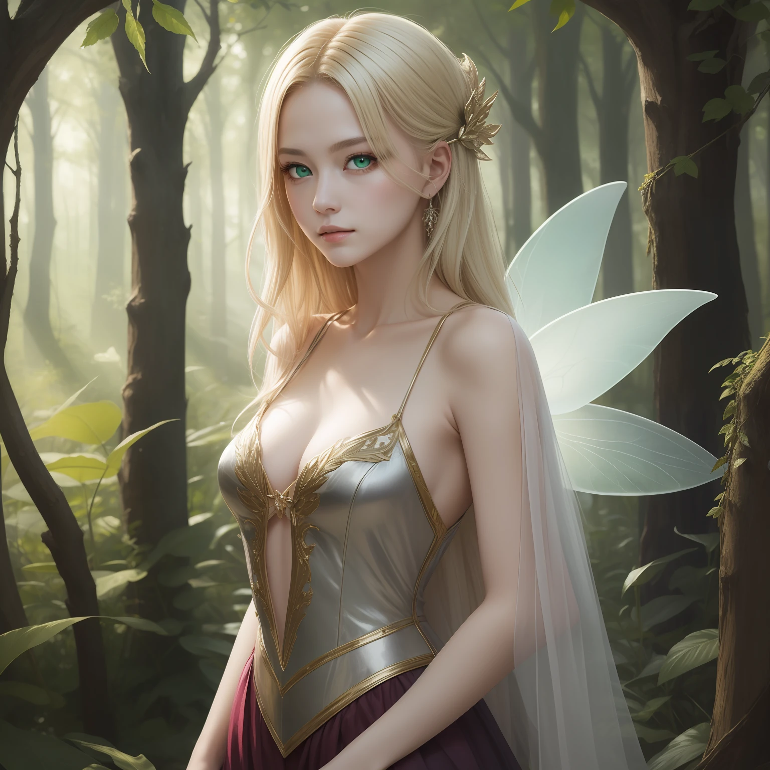 (masterpiece)8K分辨率、top-quality、queen of the fairies、platinum-blonde-hair、Green eyes、Hazel Eyes、fantasy-inspired