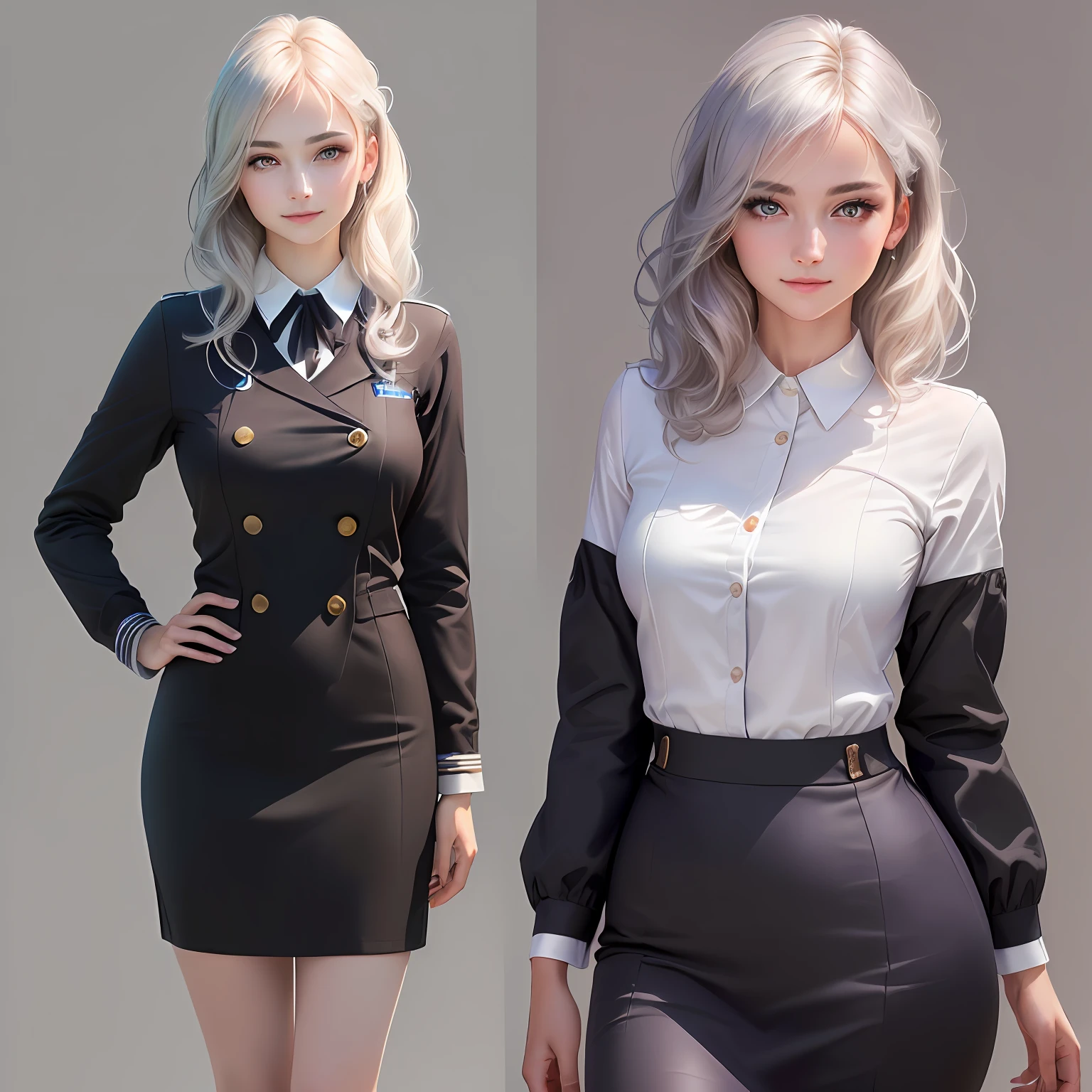 1girl,beautiful vintage color, instagram (photorealistic, high resolution:1.4), ((puffy eyes)), looking at viewer, , full body (8k, RAW photo, best quality, masterpiece:1.2), (realistic, photo-realistic:1.37),(sharp focus:1.2), professional lighting, photon mapping, radiosity, physically-based rendering, (pale skin:1.2),(small breasts:1.2), looking at viewer, (middle hair:1.5), portrait, purple eyes, (sliver hair:1.1),bangs, (simple background:1.4), solo, upper body, realistic,(masterpiece:1.4),(best quality:1.4),(shiny skin),fashi-girl,makeup,smile(skinny,closed mouth,shy :1.3) ,(standing,black Stewardess uniform,Necromancer:1.1),medium bust,sexy pose ,