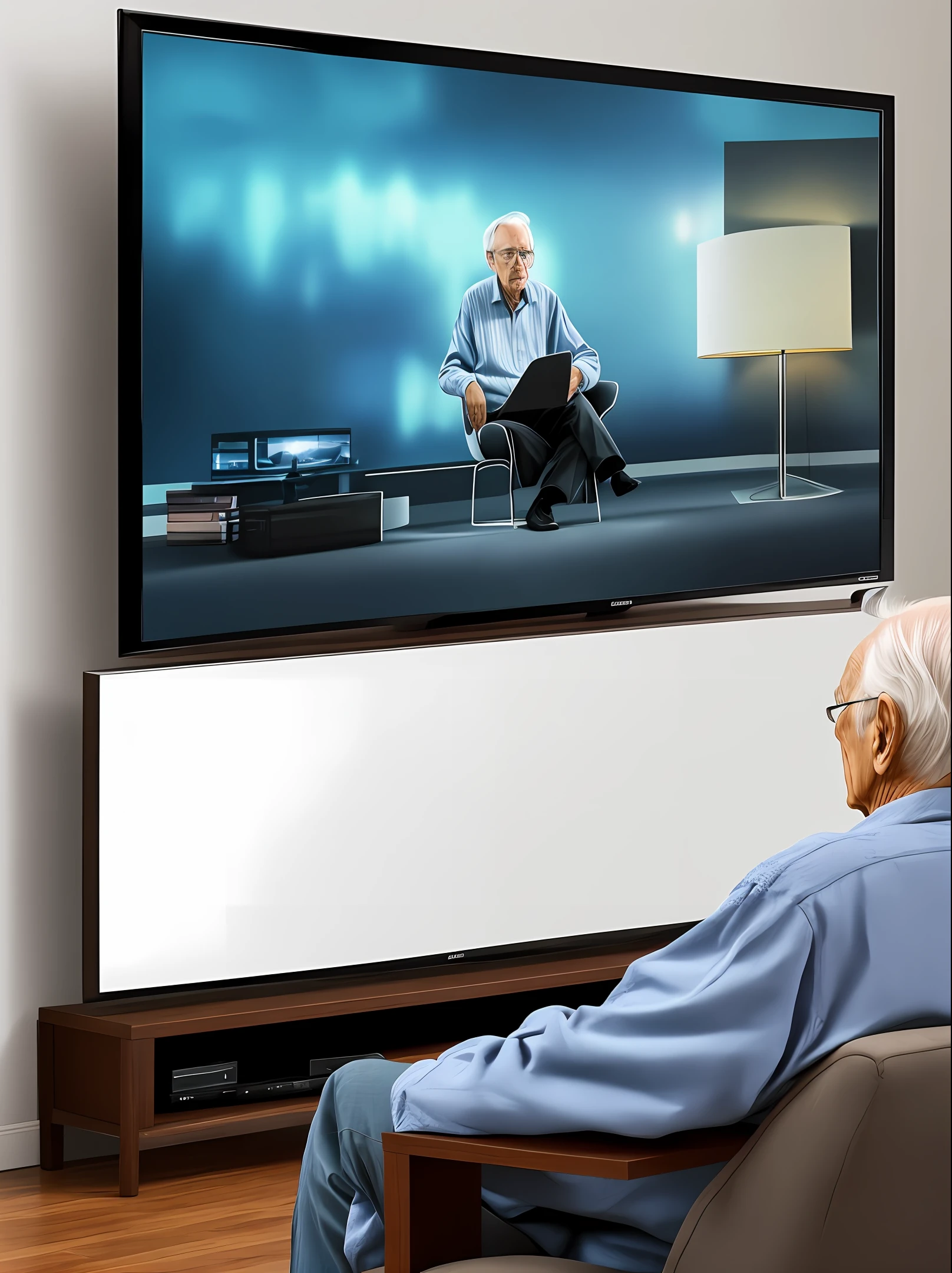 Image of an elderly gentleman sitting in the armchair of a living room watching programming on a large old television turned on working ,PROGRAMMING on the 4k image screen,4K cores,Realismo 4K,detalhes 4k