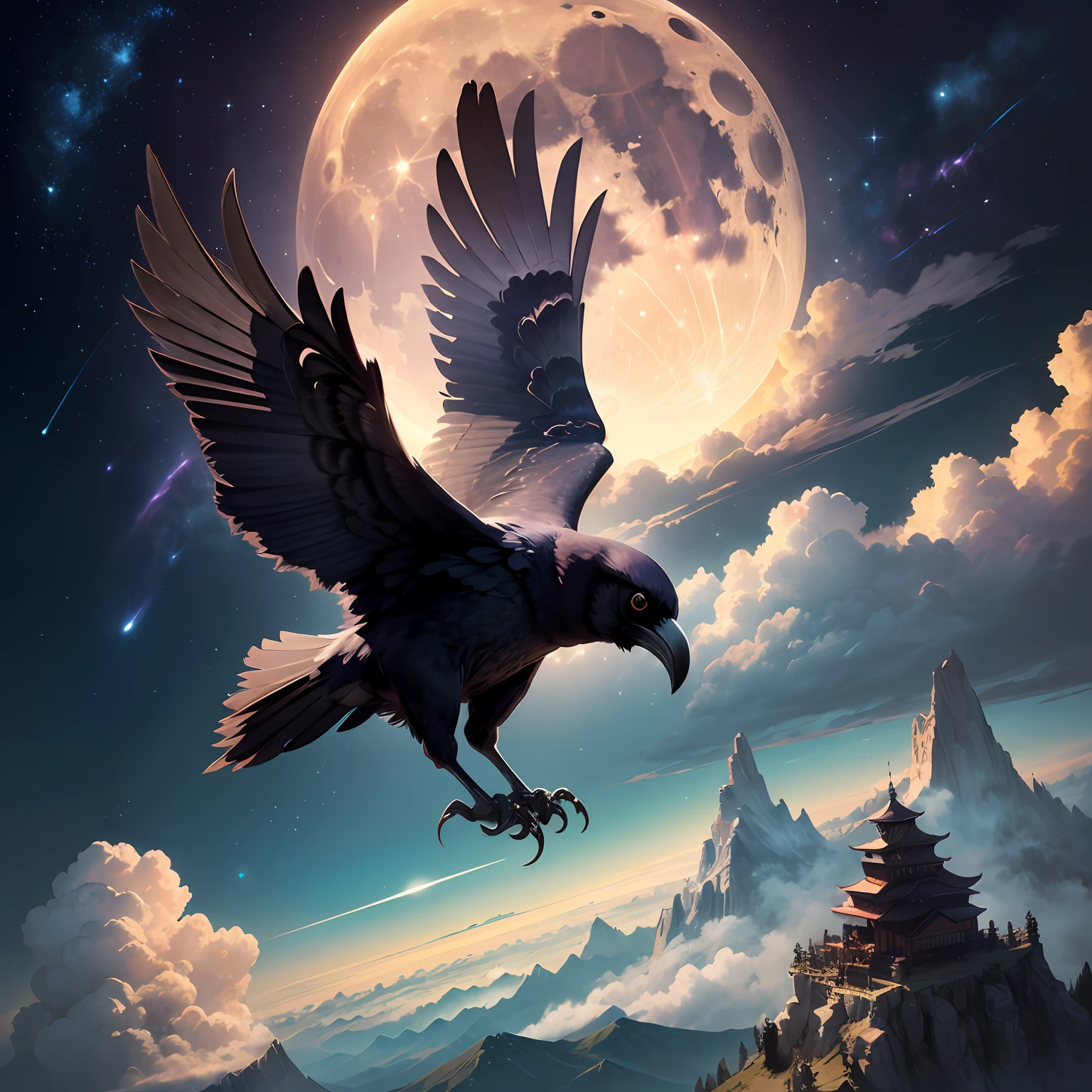 (cawing ravens),(Through the clouds),(Top of the mountains),(复杂),(super detailing),(starryskybackground),(Strong limbs),(Moon Night),(ultraclear),(best qualtiy) --auto