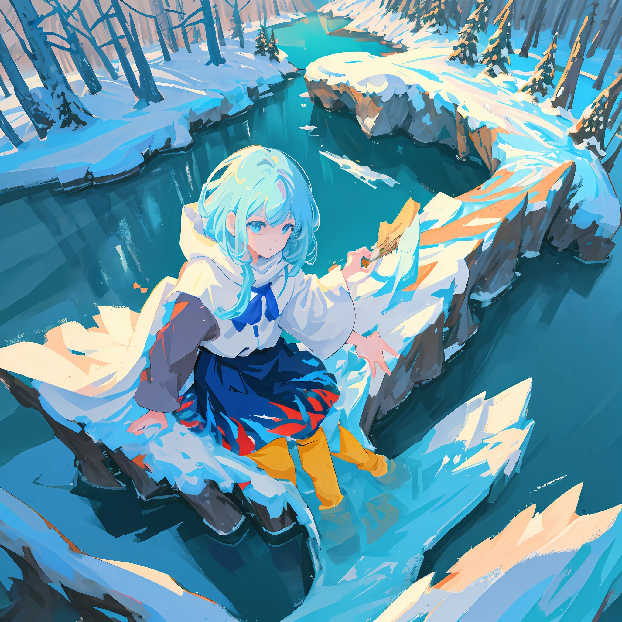 Anime characters in snow-covered forests with lakes and forests, Official artwork, Splash art anime Loli, Official illustration, offcial art, trending on artstation pixiv, in an icy river, Official anime artwork, Guweiz in Pixiv ArtStation, Artgerm and Atey Ghailan, from touhou, Anime style illustration,schoolgirls,blue colors