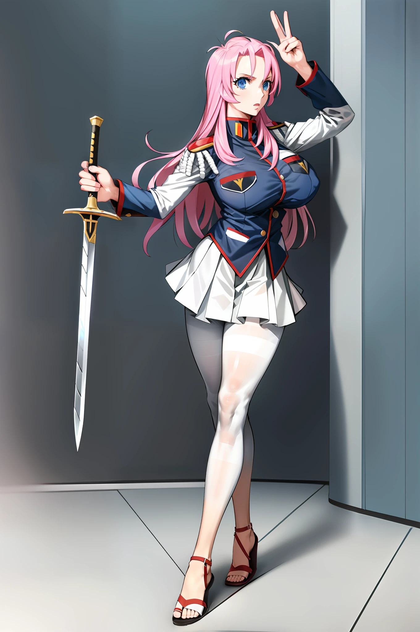 utena, , skirt, vest, noble, militari uniform, big breast, tall female, flip flops, full body, holding sword, pantyhose, , walking, pants,huge breast