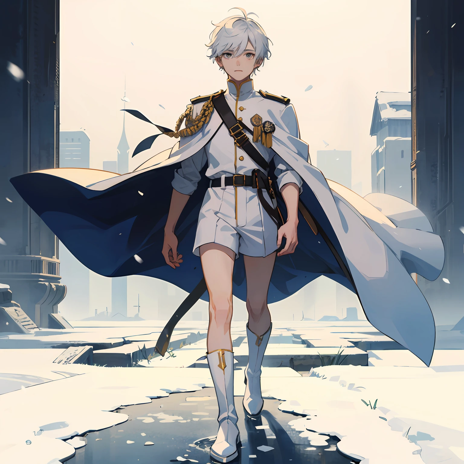 Little boy with short white hair standing in the snow,handsomeness,is wearing a shorts,Bare legged,White military uniform,White cloak,white long boots,thongs,style of anime,shadowing,The best quality of light and shadow,8K,solo person,