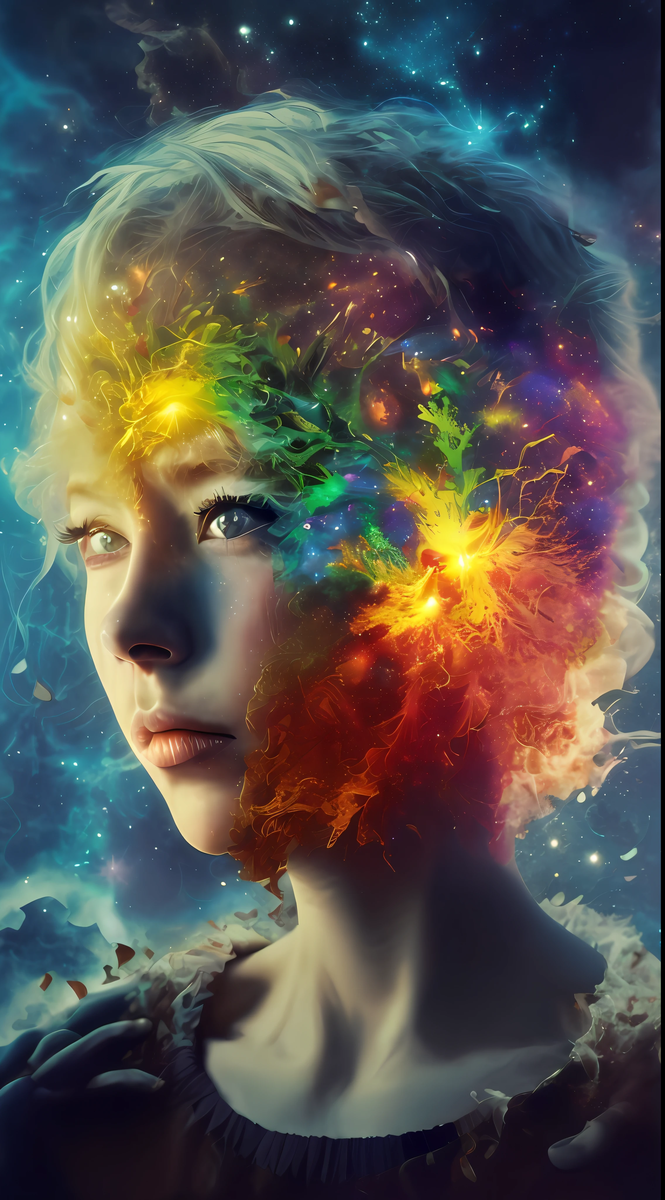 Incredible and spectacular scene, a "((high quality)), (detailed)), ((fantasy)), illustration, perspective (45 degree tilt angle), theme (enchanted forest style), scene elements (handsome boy, beautiful girl), picture quality (3D rendering effect), exquisite details, beautiful lights "emerge from glowing clouds, fractal nebula lines, cosmic entities, celestial bodies, universes, vibrant and vivid, swirling, rotating, impractical, high contrast, co-metabolic, magical, mysterious, mysterious, surreal, Oversaturated, colorful