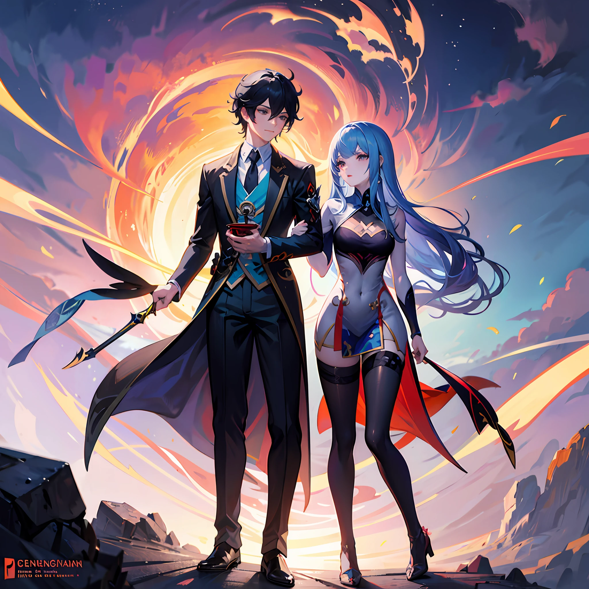 Anime couple holding sword on a rock,anime in fantasy style, Anime fantasy illustration, zerochan art, Beautiful fantasy anime, Keqing in Genshin, Anime fantasy art by Ryan Yee, A popular work of Isekai anime, Anime art wallpaper created by Yang J, Anime-style graphics in 8K resolution。