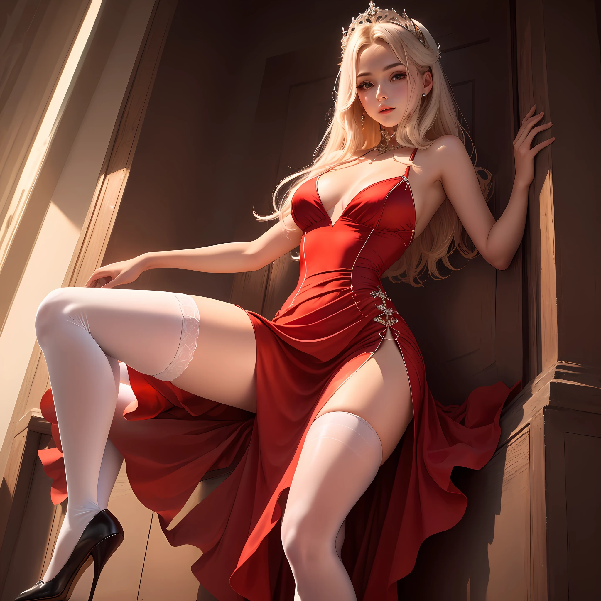 8K quality,Look to the left,red dress,medium chest circumference,The face is delicate,white stockings,beautifullegs,Strangulation, True detail of texture of skin all over the body