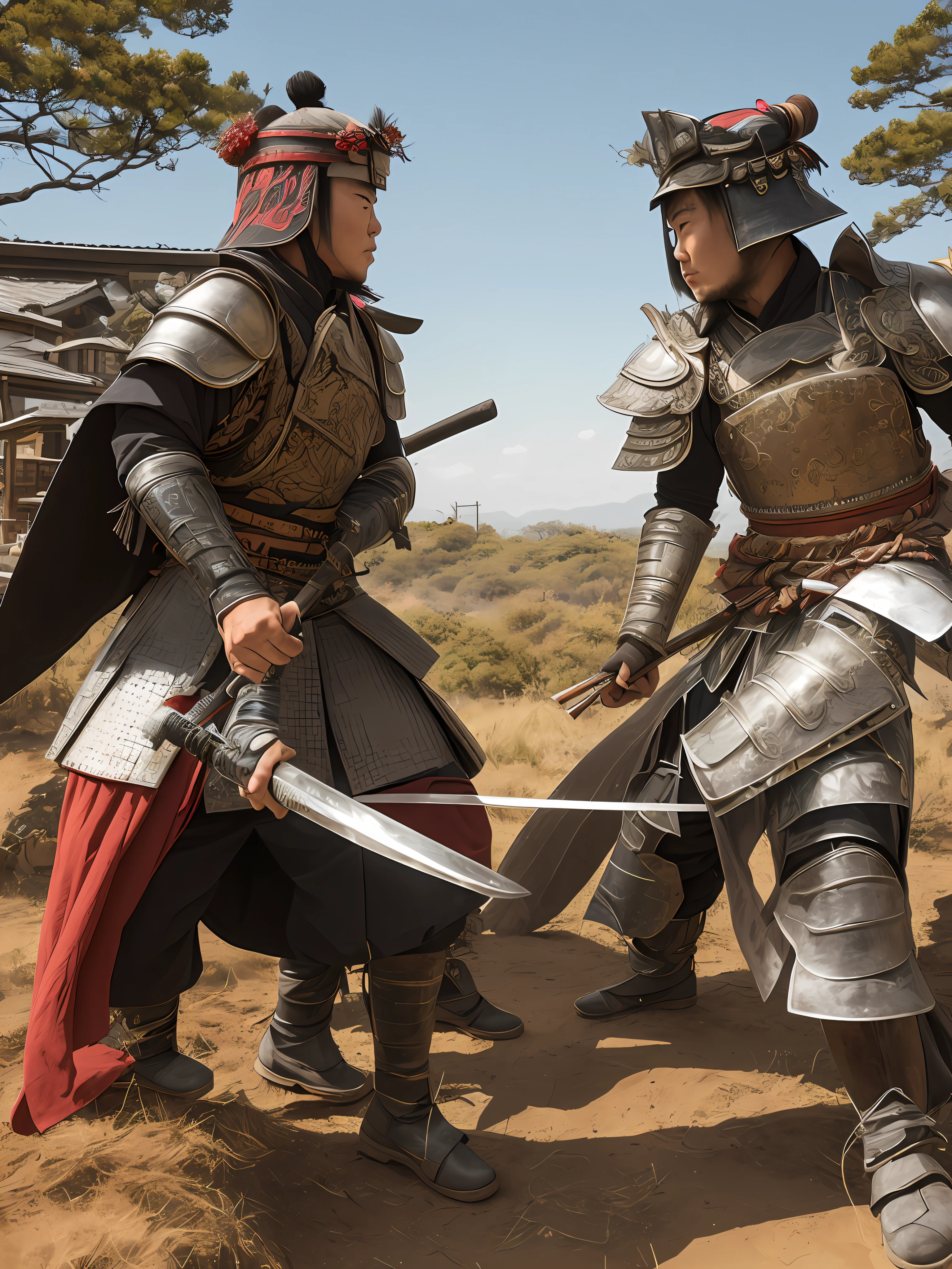 Two samurai in armor are dueling