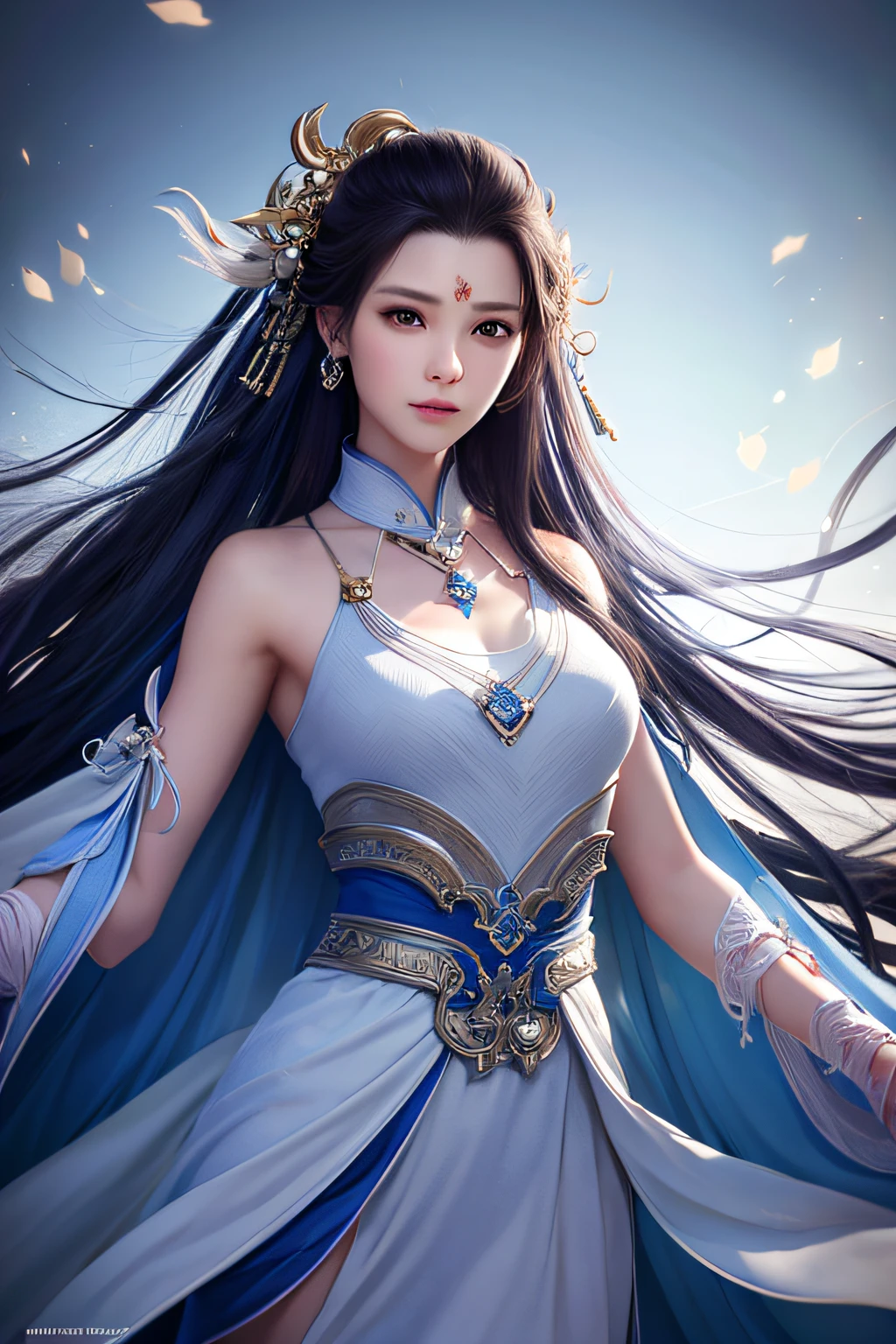 tmasterpiece,Best Picture Quality,8k、Xiu Xian Feng,Royal sword exchange,Oriental fantasy novels,Fantasy novels,Oriental architecture,Old oriental architectural style,Beauty in period costume,Immortal Sword Divine Weapon,In the center of the picture stands a heroic figure with a bright sword on his back,Elegant and wonderful,Little fairies flew in the sky behind him,Blue costume fairy fluttering,Build an ethereal wonderland,The grand Immortal Gate shows the oriental illusion。