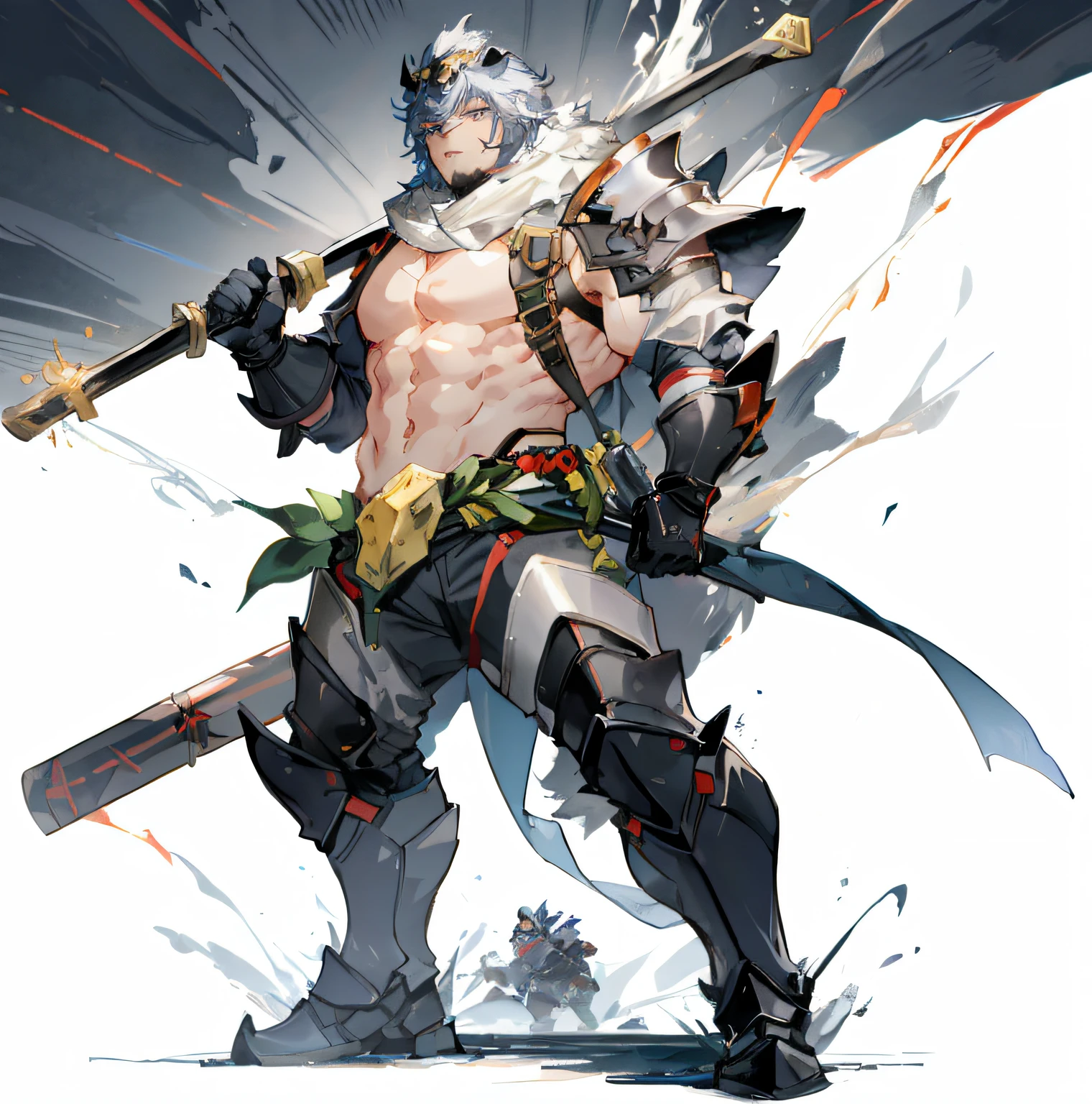 Close-up of a man with a sword and a sword, guilty gear strive splash art, male warrior, arknights, genshin impact character, badass anime 8 K, picture of an adult male warrior, in monster hunter armor, greek god in mecha style, fighting game character, from arknights, best anime 4k konachan wallpaper