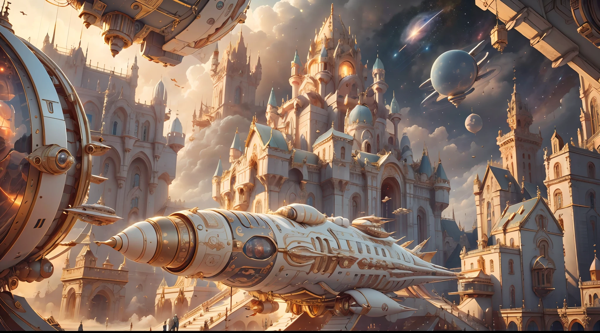 IvoryGoldAI spaceship in space, castle complex in the background, extremely detailed, masterpiece, 8k quality