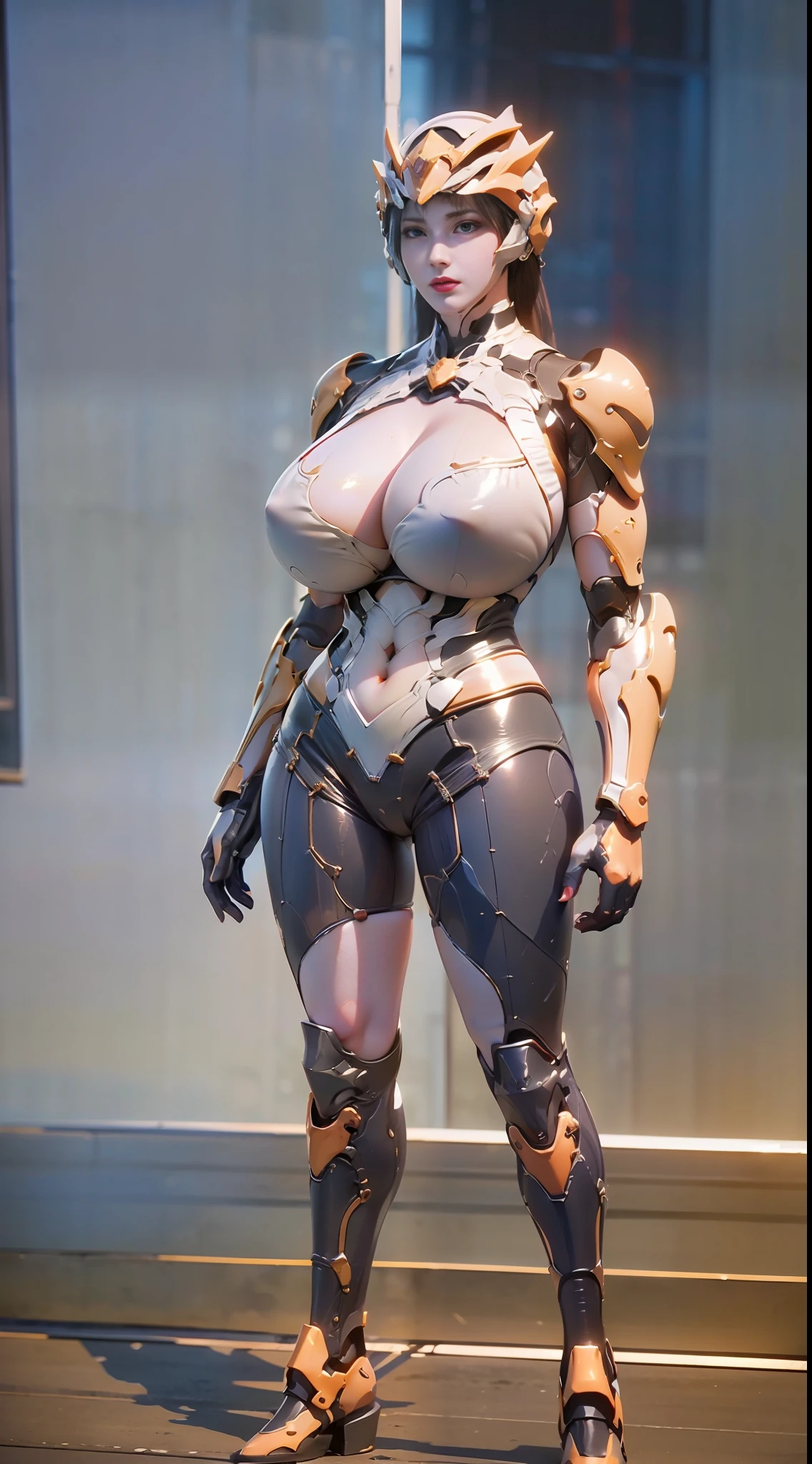 ((Unreal Engine 5)), Realistic Rendering, Excellent, lights on mecha armor, cybernetic headwear, helm, (Yoga Pants), looking on viewer, posing walkdown on street, beautiful face, makeup, (photorealism:1.2), ultrarealistic uhd face, (huge fake boobs:1.4), (gigantic breasts:1.1), (muscle abs), (big butt), (wide hips), (thick thighs), slim waist, hourglass figure, full body, ((glowing skin)), ((shiny skin)), Realistic body, ((she is sexy)), ((clean skin)), photorealistic, bokeh, masterpiece, highres, 1080P.