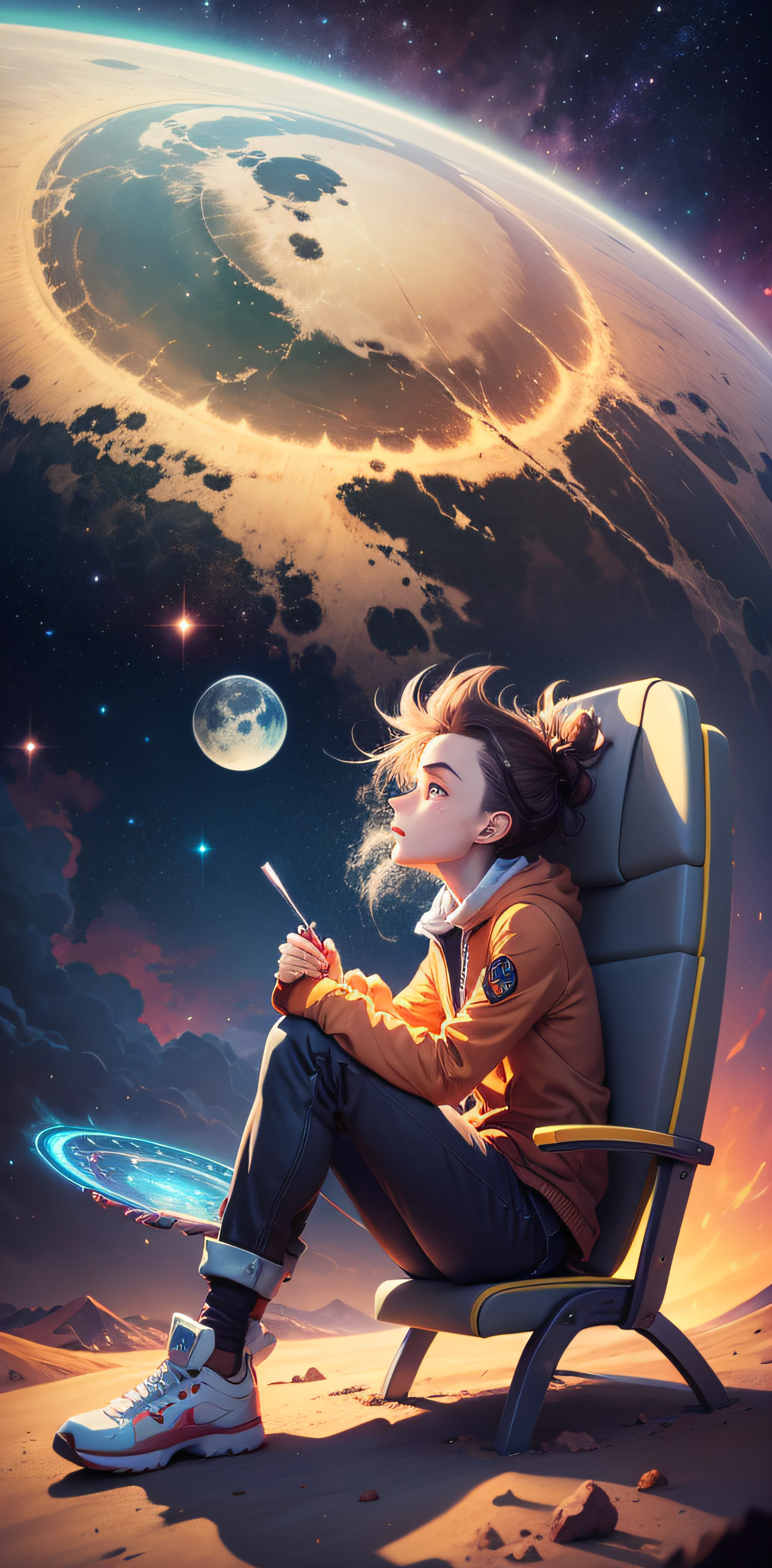 Anime -rick e morty, illustration of Rick sitting on the moon looking at a planet, Nenhum estilo de Cyril Rolando, inspirado em Cyril Rolando, Anime Art Wallpaper 8K, Cyril Rolando e Goro Fujita, Anime Art Wallpaper 4K, Anime Art Wallpaper 4K, 4k anime wallpapers, 4k anime wallpapers, papel de parede anime 4k