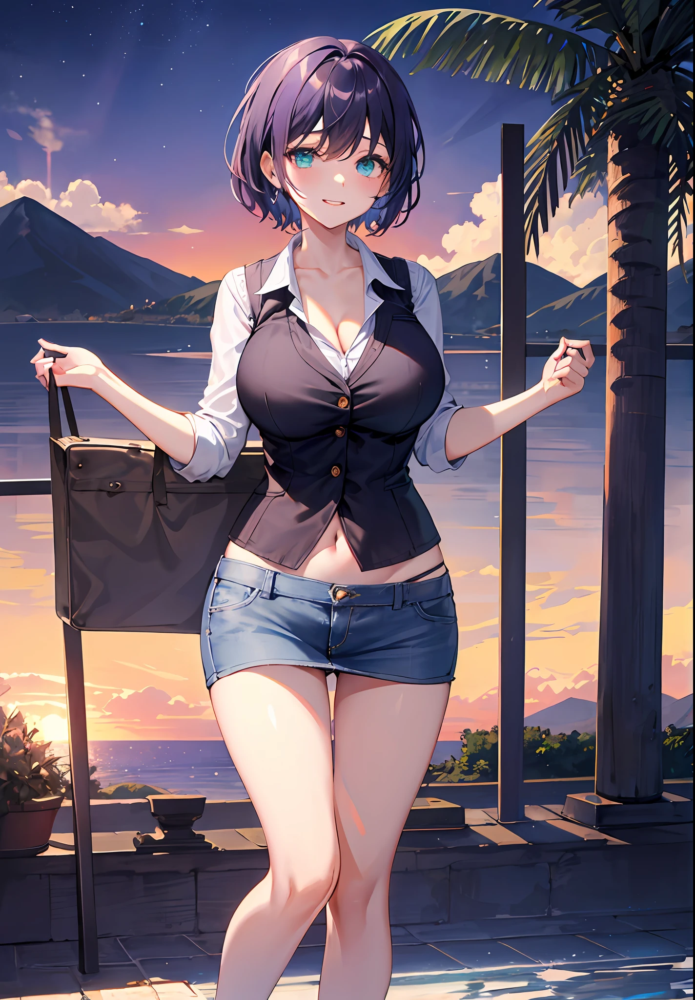 VerydetailedCG，UHD wallpaper， extremy detailed，（（（Best Quority）））， （（ultra detali））， 1girl huge large breasts， Animal_oren， Black_Hair， Blue_Eyes， Large breasts， cat_oren，((denim vest，and wear no underwear，Expose navel，Super short skirt))， the clouds， Cloudy_Sky， crepuscular， nights， Gradient_Sky， horizon， Looking_At_peeping at the viewer， makeups， mediating_breasts， Aqua Eye， woven， Eau， droplets of water， mont， mountainous_horizon， navels， the ocean， Orange_Sky， exteriors， Palm_tree， The purple_Sky， Red_Sky， short_Hair， Sat down， skyward， ssmile， 独奏， suns， sunraise， sun setting， The tree， at twilight， Eau