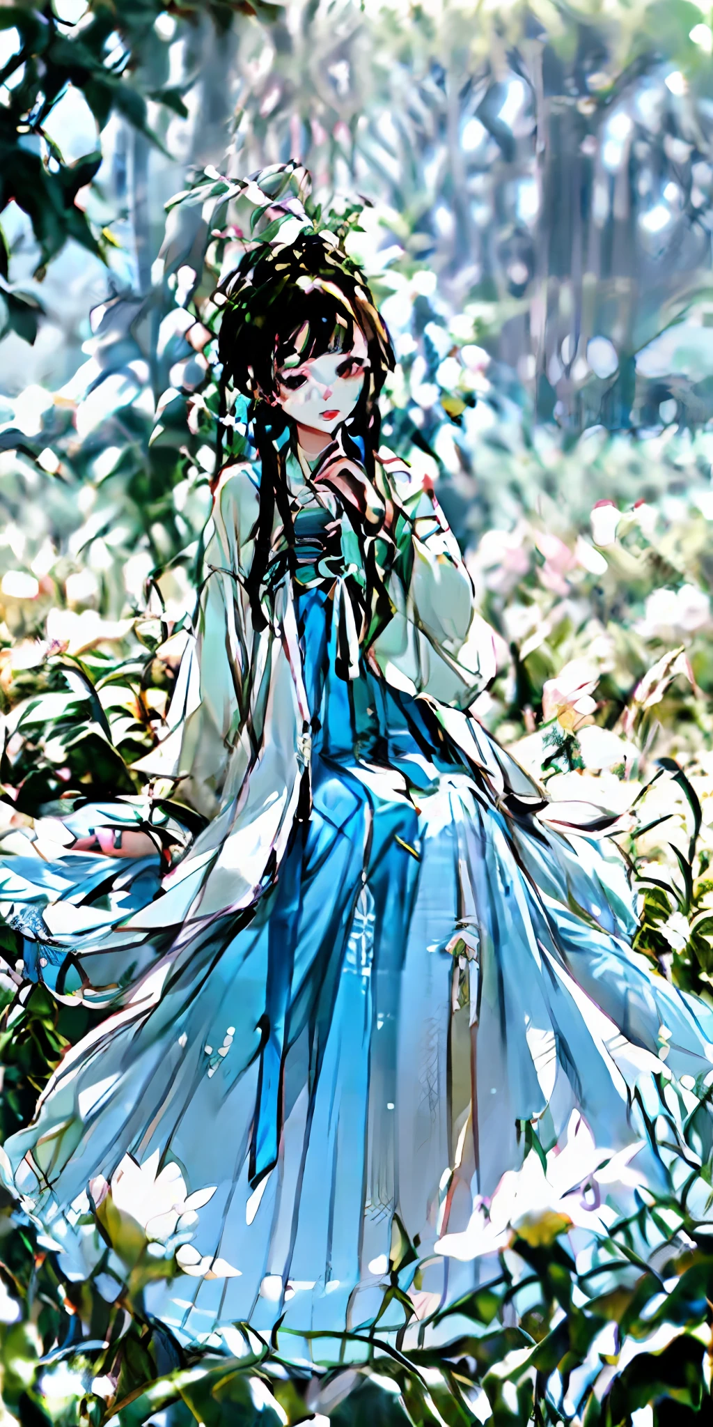 （tmasterpiece，best qualtiy），1 short brunette girl sitting in a field of greenery and flowers，her hand under her chin，warmly lit，Light blue dress，Blurred foreground
