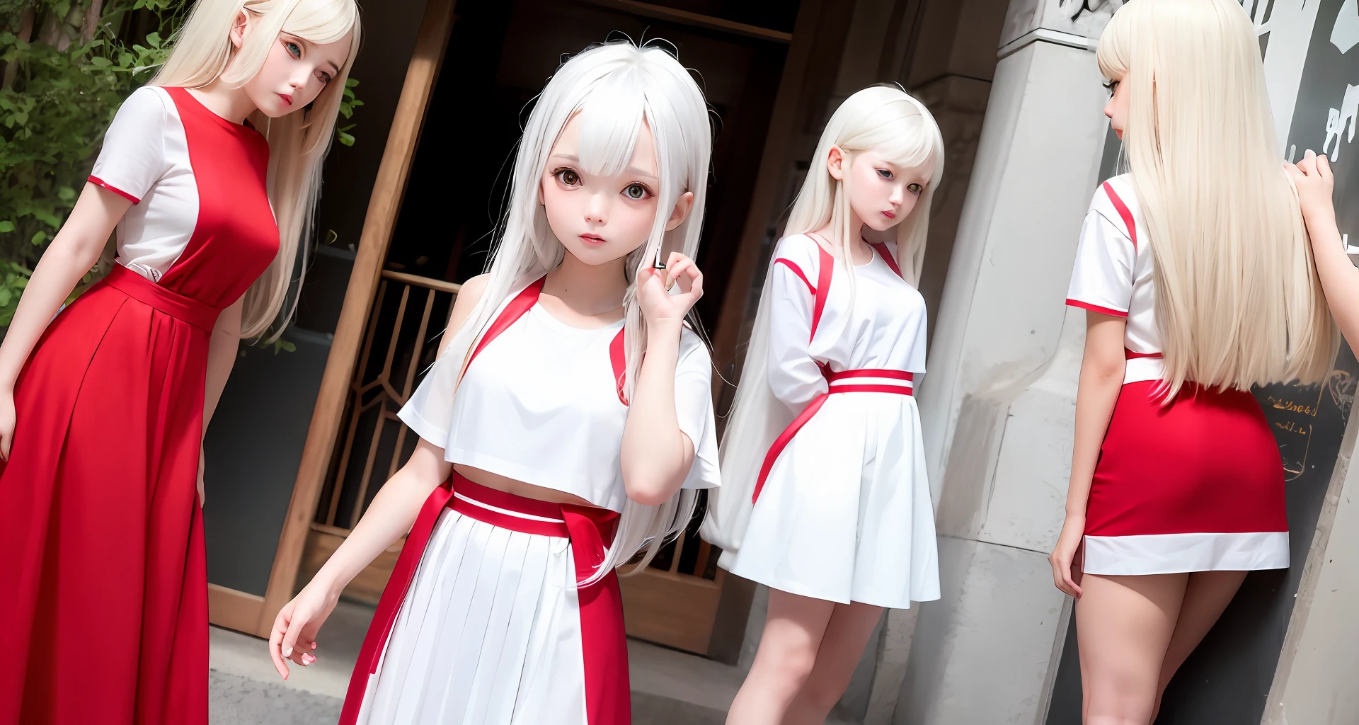 Kizi，white color hair，long whitr hair，White top，Red skirt，long  skirt，red color eyes