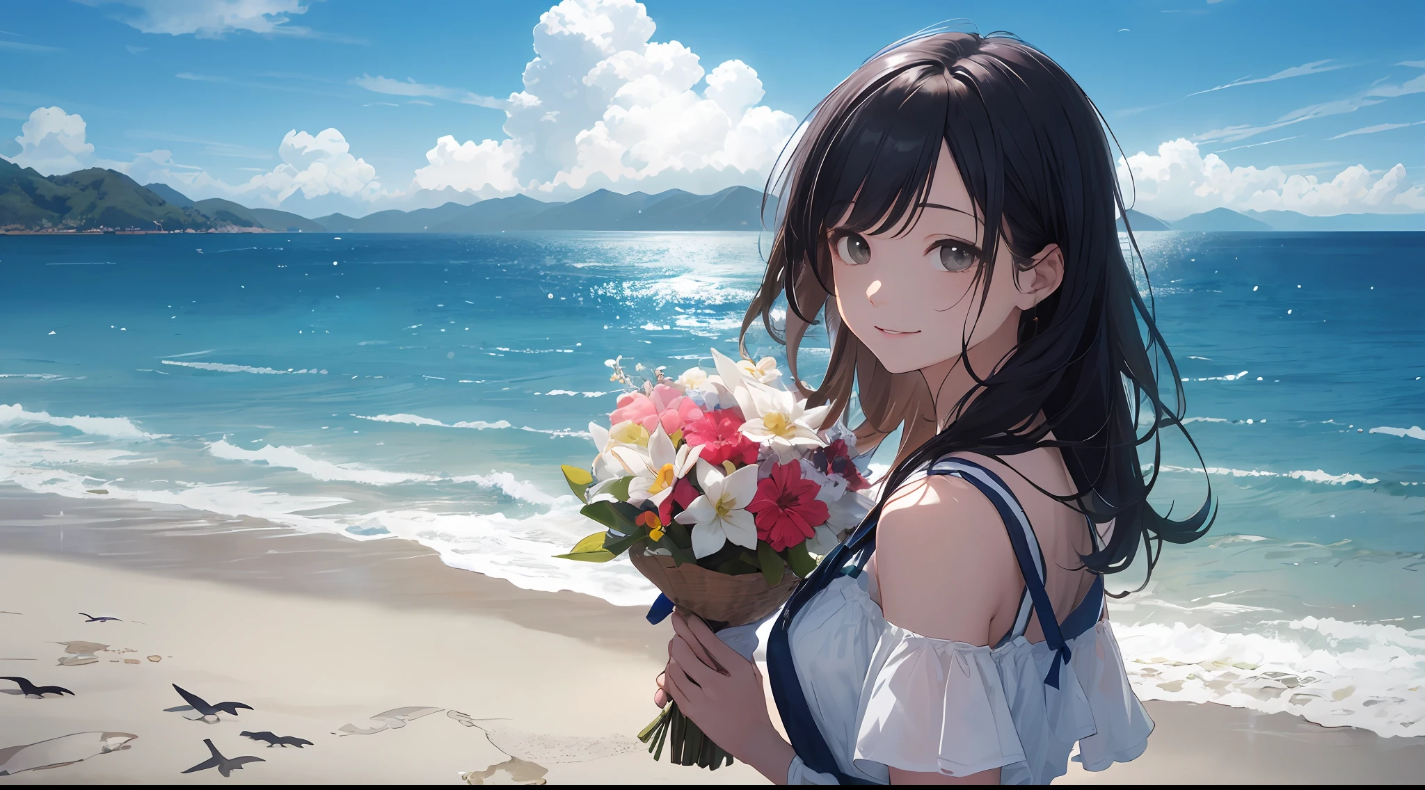 (top-quality:1.5)、(ultra-detailliert:1.5)、(Highest Quality Photos:1.5)、Realistic high-definition photos、Beautiful Girl High School Girl、a very cute、Crystal clear white skin、Dark dress、Colorful bouquets、Beautiful sea、The ocean as far as the eye can see、Summer sky、Into the cloud、Beach、1 persons、Staring at the horizon、Sadness smile、Islands in the Seto Inland Sea、Nostalgia hobby、nostalgia、