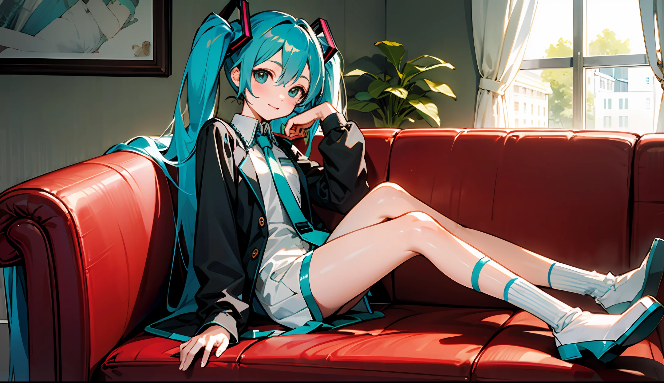 Hatsune Miku live-action version,sitting in the couch,White knee-length socks