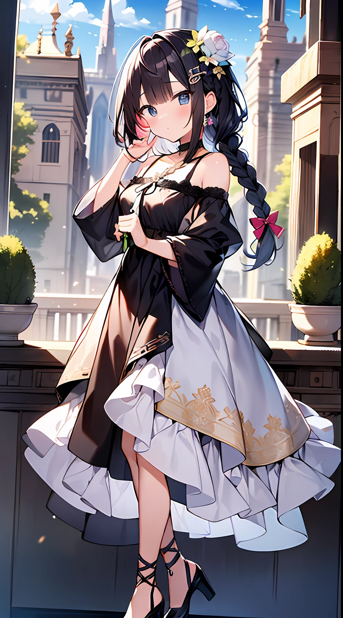 (incredibly absurdres absolutely resolution: 1.5), highest quality, masterpiece, ultra high resolution, 8k, (multiple girls), (gorgeous dresses with many gorgeous and colorful decorations) BREAK shoujo manga style, (li), soft line drawing, digital enhancement, shojo manga touch, environmental change scenes, shojo manga core, ( Hair length to the shoulders))), (((short braid))), ancient capital of the West, full body visible angle, entangle, beautiful and aesthetic: 1.5, High quality: 1.3