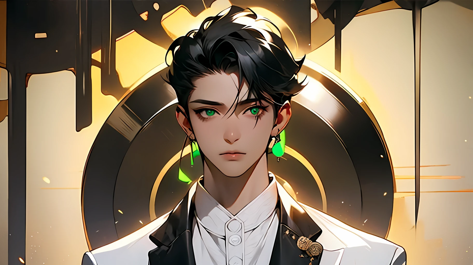 Young men，Dark skin，Dark  skin，White suit，Black hair，Light green eyes，eardrop，solo person