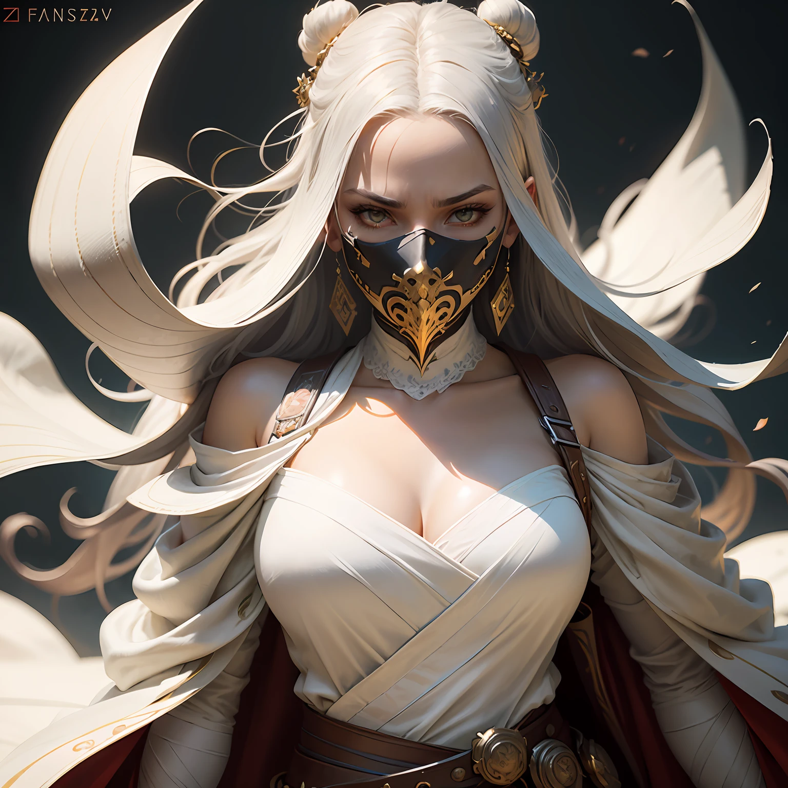 A close-up of a woman in a white dress holding a fan,Fighting posture,Sharp eyes,figure portrait,The popularity of CGsociety,Fantasyart,Beautiful character painting,Guviz-style artwork,Guvez style,White-gray Hanfu,Flowing white robe,epic exquisite character art,Stunning character art,beautiful female warrior