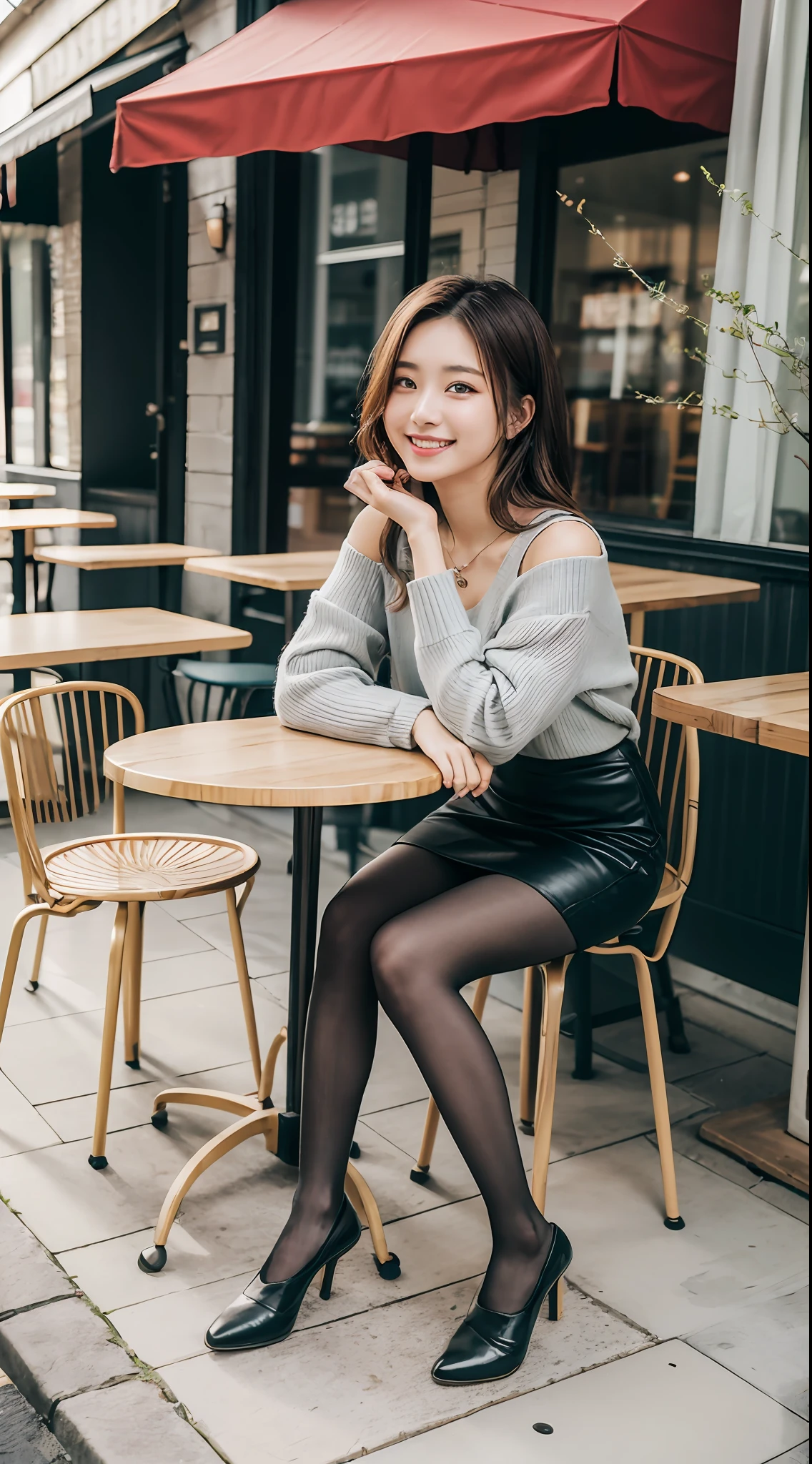 8K UHD、Digital SLR、film grains、Fujifilm XT4、(top-quality:1.3)、(masterpiece:1.1)、hight resolution、Cinematic Light、intricate detailes、(Photorealsitic)、Outside、Beautiful outside、Sunny、
japanaese girl、(cafes:1.5)、Dimples、Look at viewers、detailed trees、bare shoulders、Ribbed sweater、
pencil skirts、high waist skirt、head rest、sitting on、in a house、
a necklace、Black pantyhose、sheet transportation sweater、(A smile)、(full body Esbian:1.6)、A slender、