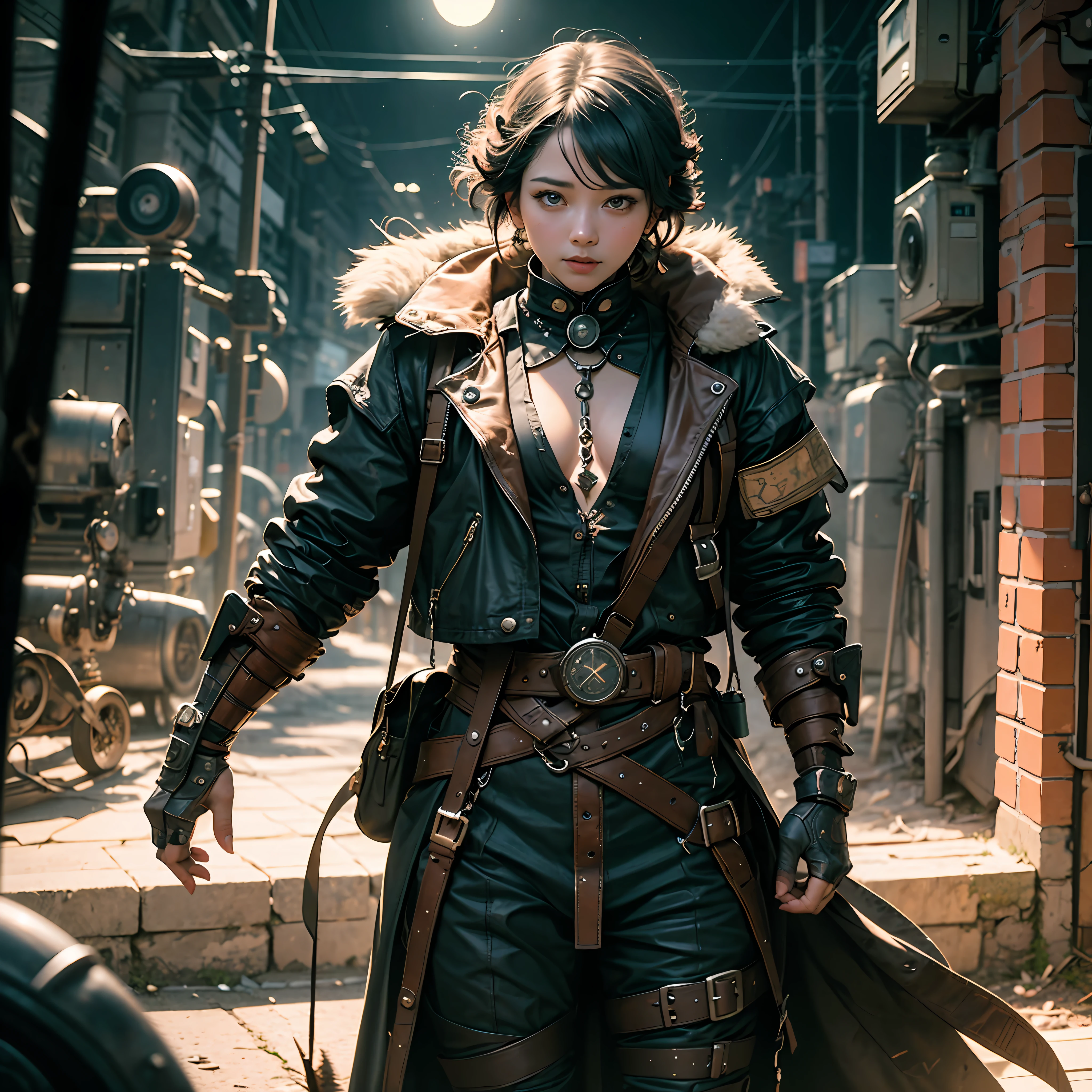 (in 8K、Raw photography、beste-Qualit、tmasterpiece:1.2)、(molesting、a photorealistic:1.37)、(aegyo sal:1)、cute little、Professional Writing、photon maping、Physically Based Rendering、bob cuts、Gray eye、Night、steampunc、Clear background、fullllbody、A sexy --auto