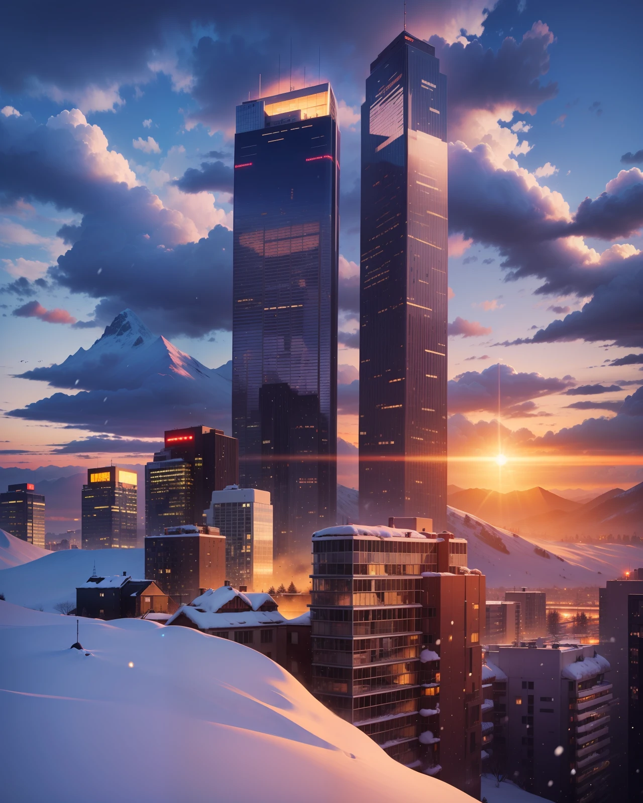 Masterpiece, Best Quality, Snowy Mountains, Winter, Skyscrapers, Morning Sun, Colorful Sky, Clouds, Warm Scenes --auto