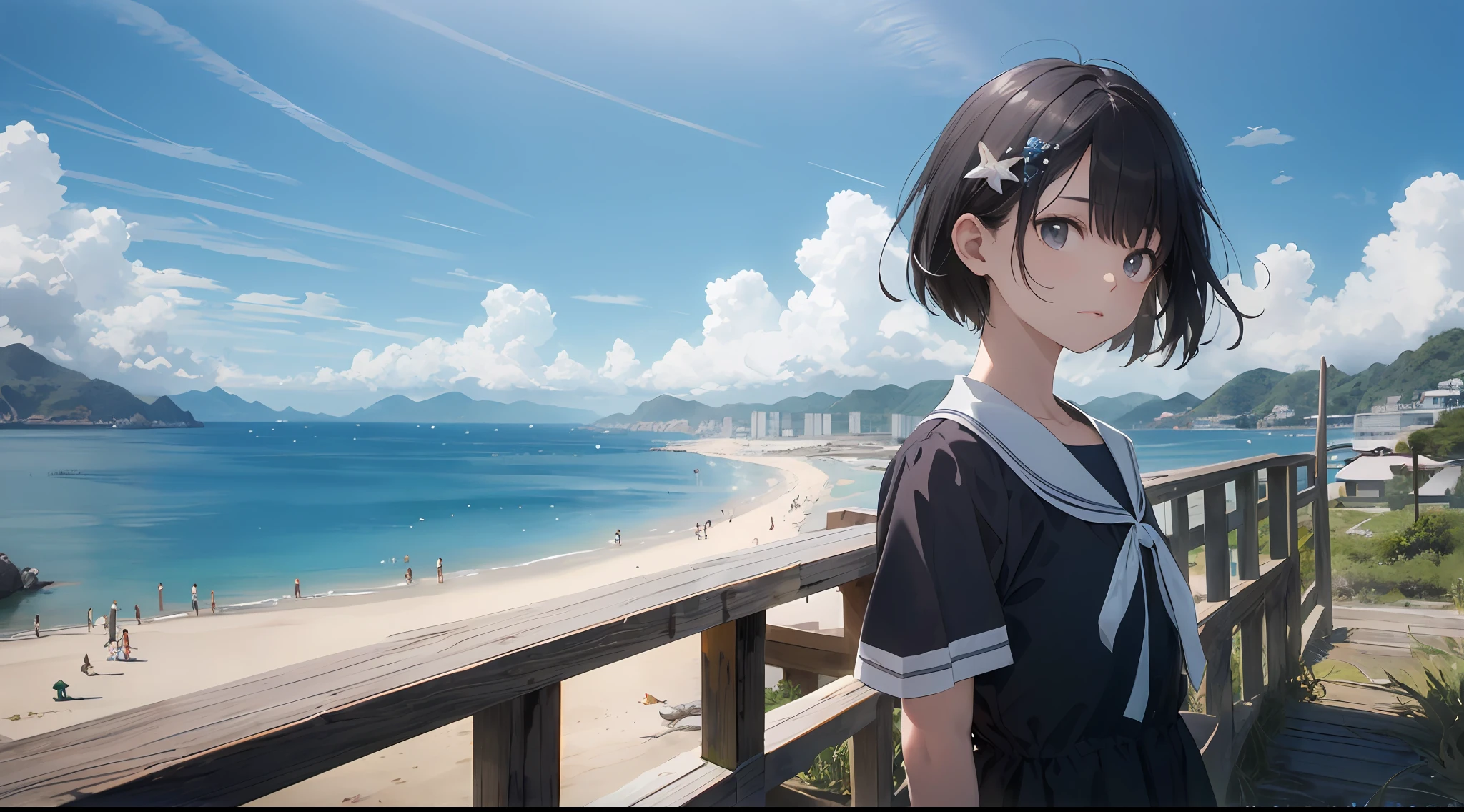 (top-quality:1.5)、(ultra-detailliert:1.5)、(Highest Quality Photos:1.5)、Realistic high-definition photos、Beautiful Girl High School Girl、a very cute、Crystal clear white skin、Black dress、Colorful bouquets、Beautiful sea、The ocean as far as the eye can see、Summer sky、Into the cloud、Beach、1 persons、Staring at the horizon、sad look、Islands in the Seto Inland Sea、Nostalgia hobby、nostalgia、
