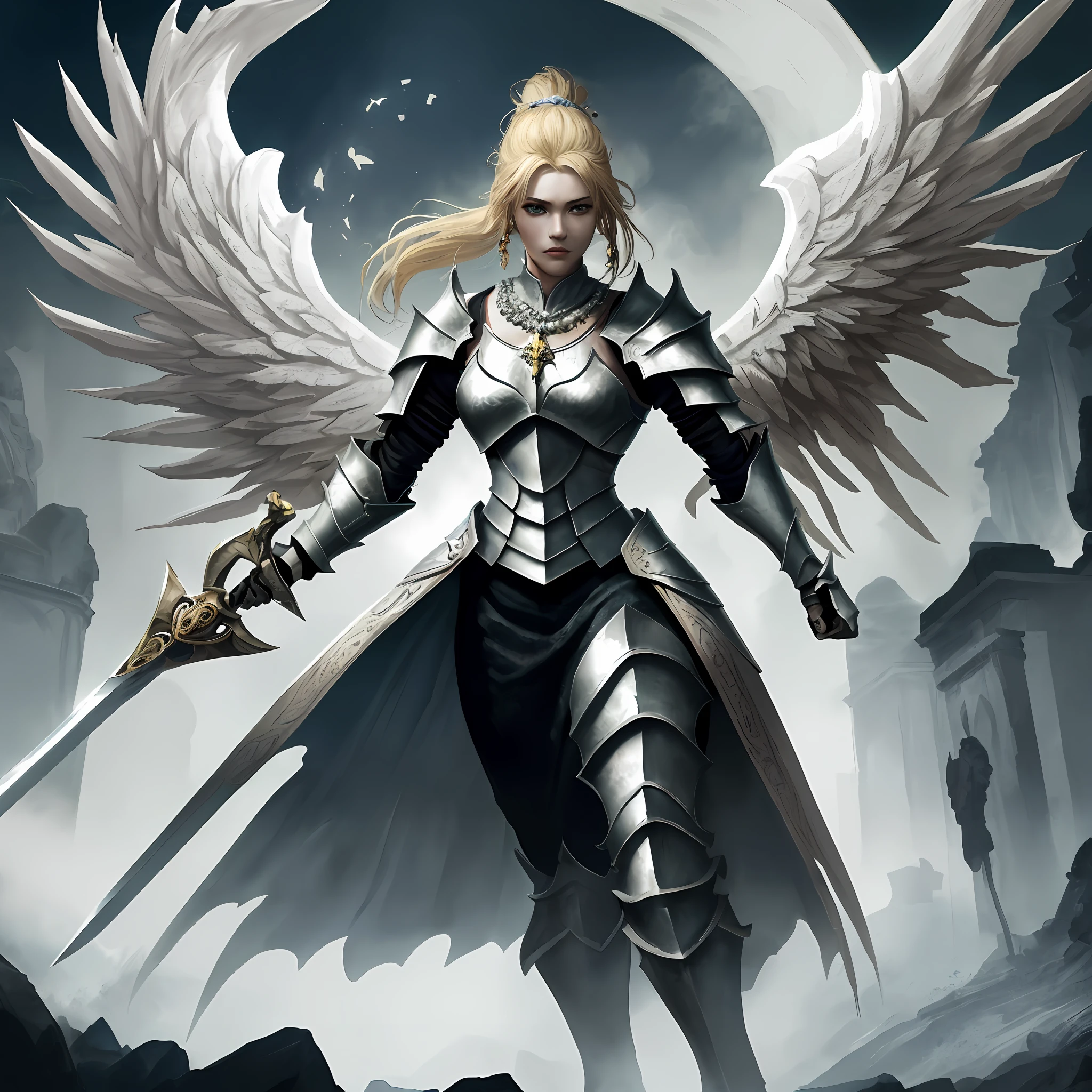 arafed, dnd art, aasimar, female,(Masterpiece 1.3, intense details), [full body], angelic wings spread (Masterpiece 1.3, intense details) , paladin, holy warrior, (Masterpiece 1.3, intense details), fantasy temple background, wearing heavy armor, wearing heavy armor (Masterpiece 1.3, intense details), armed with a sword (Masterpiece 1.3, intense details), high heeled boots, shiny blond hair, long hair, green eyes, black hair, long hair, ponytail, bead necklace, holy symbol ,makeup, serious, god rays, fantasy temple background (Masterpiece 1.3, intense details), gothic art, cinematic lighting, soft light, silhouette, ultra-wide shot, from outside, Wide-Angle, Ultra-Wide Angle, 8k, highres, best quality, high details