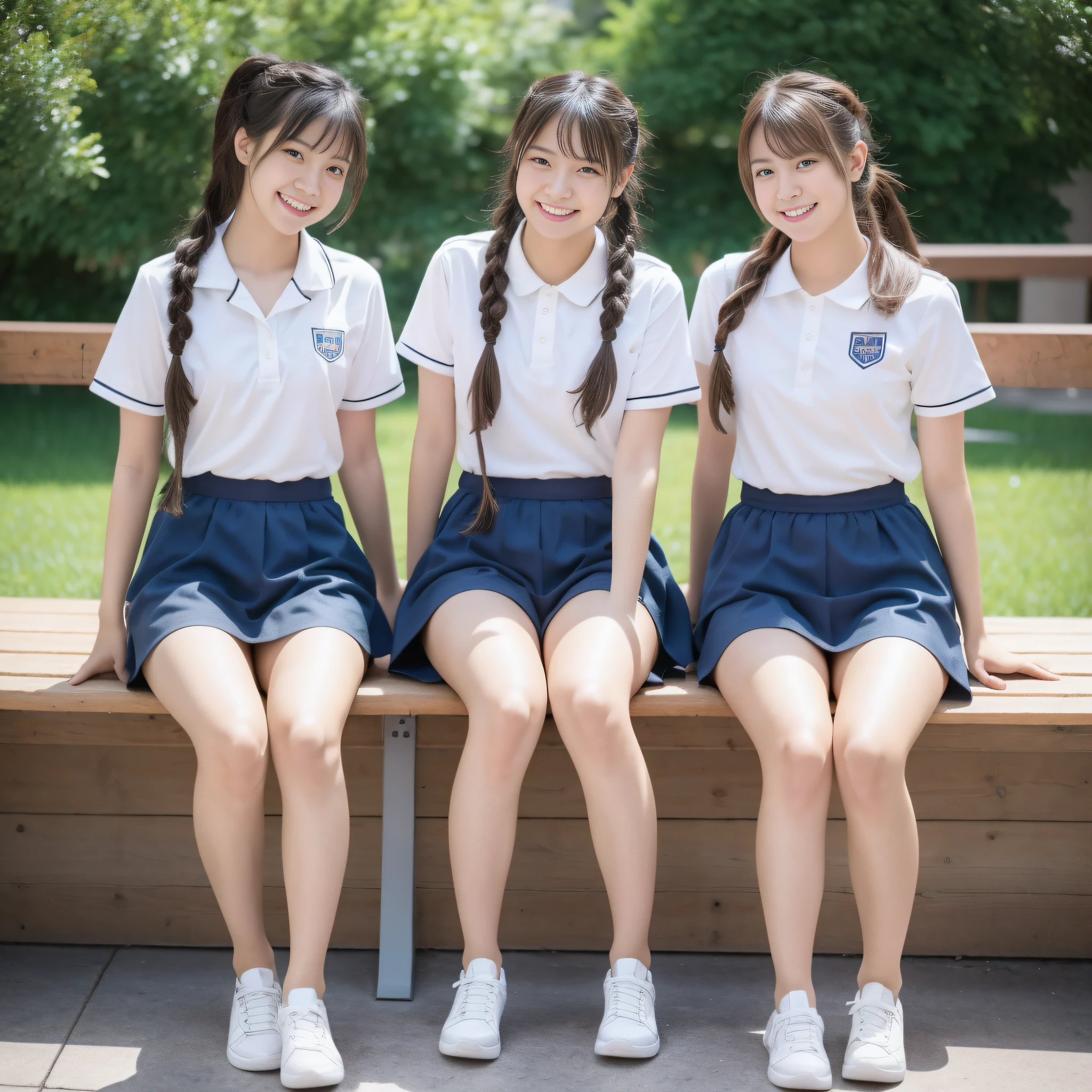 20age、campus、(Sit alone on a bench)、(one girls)、a miniskirt,thighs thighs thighs thighs、braided ponytails, grin, Bright pupils,( Anatomically correct), Textured skin, high details, (16k)